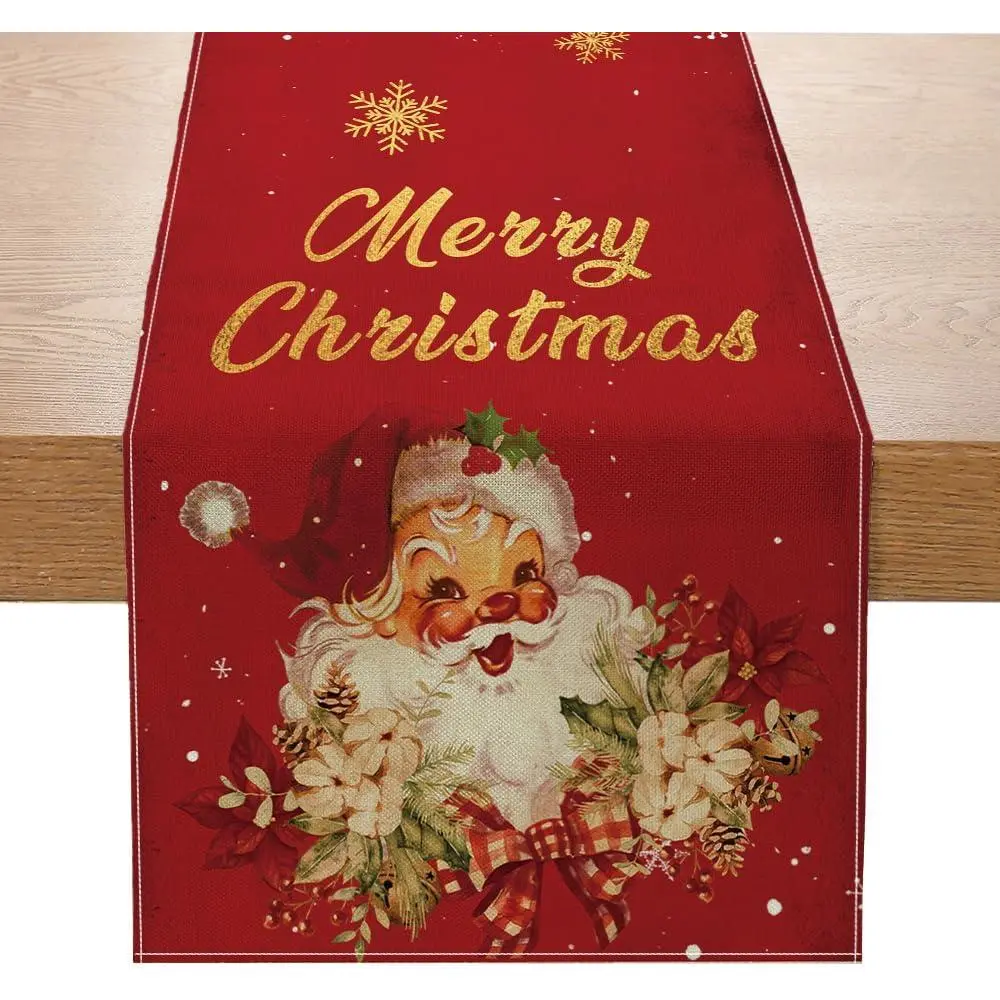 Christmas Table Runner Christmas Decorations - Red and   Santa Claus Merry Christmas Snowflake Winter Xmas  Kitchen Dining Table Decor, Christmas Party Decorations 13 x 72 Inch