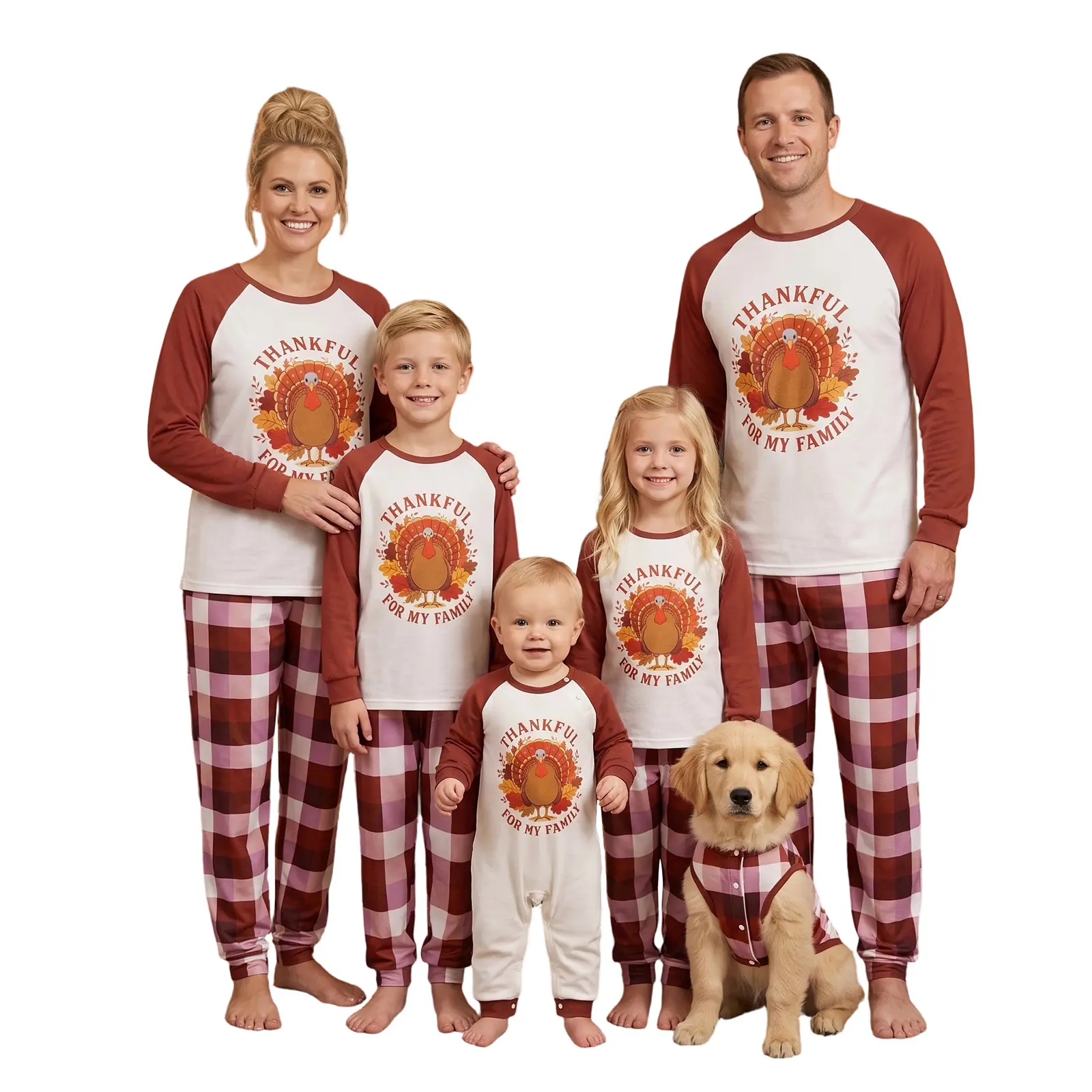 REDWOON Family Thanksgiving Pjs Matching Sets Thankful For My Family Turkey Print Shirts Checkered Pants Fall Holiday Photo Outfit for Dad Mom Kids Baby
