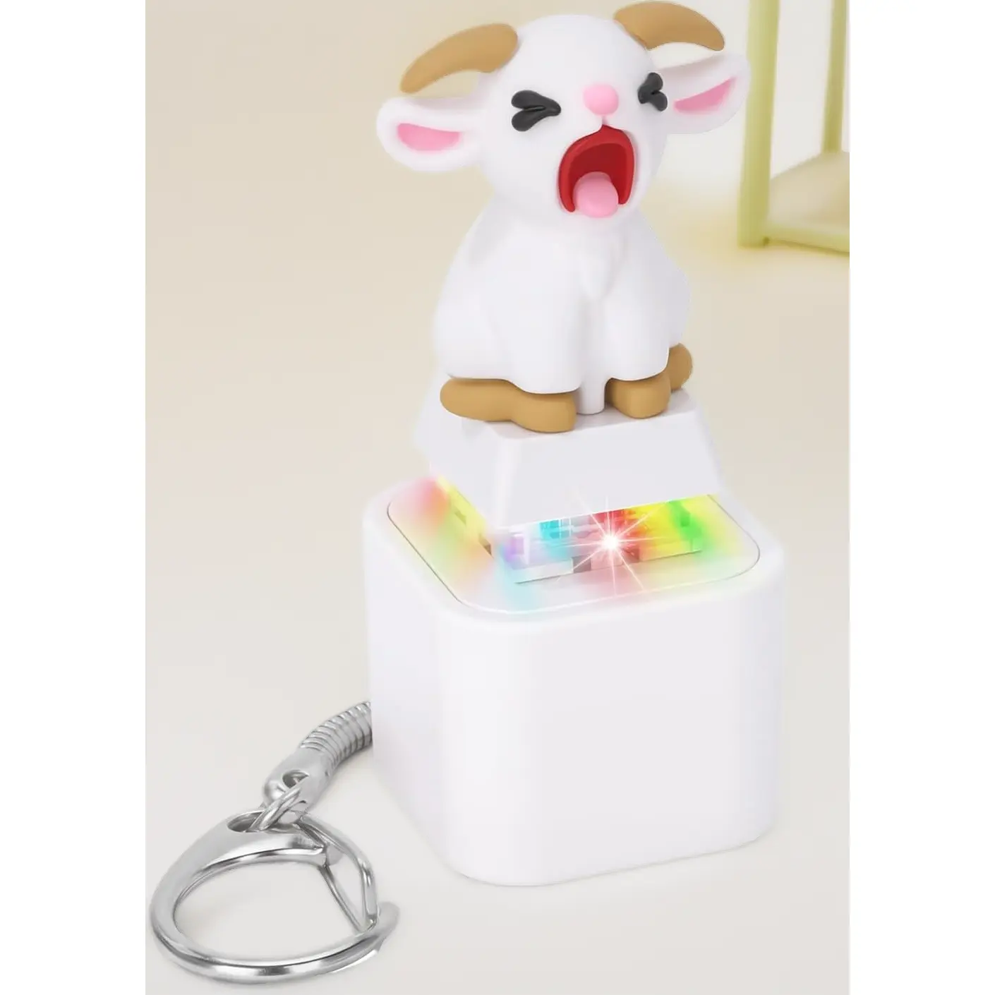 Small Rechargeable LED-Lit Squeaking Goat Keyboard Keychain Fidget Toy, Clicker with Scream Sound for ASMR Desk Office Gag Gifts (White), Led Lights