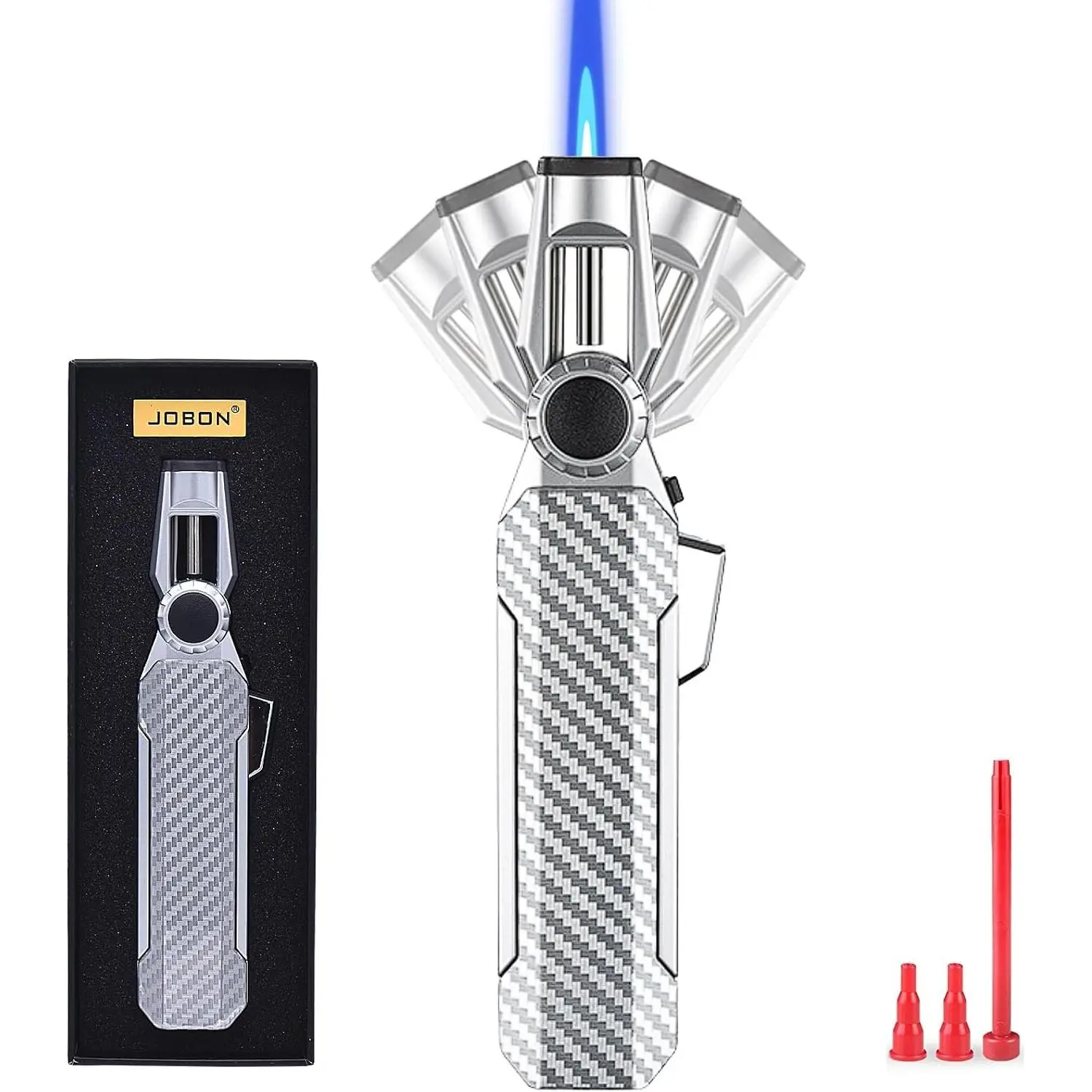 Butane Torch Lighter with Safety Lock, 100° Rotatable Windproof Adjustable Flame Refillable Kitchen Torch for Cooking Baking Creme Brulee BBQ, Gas Not Included (Silver)