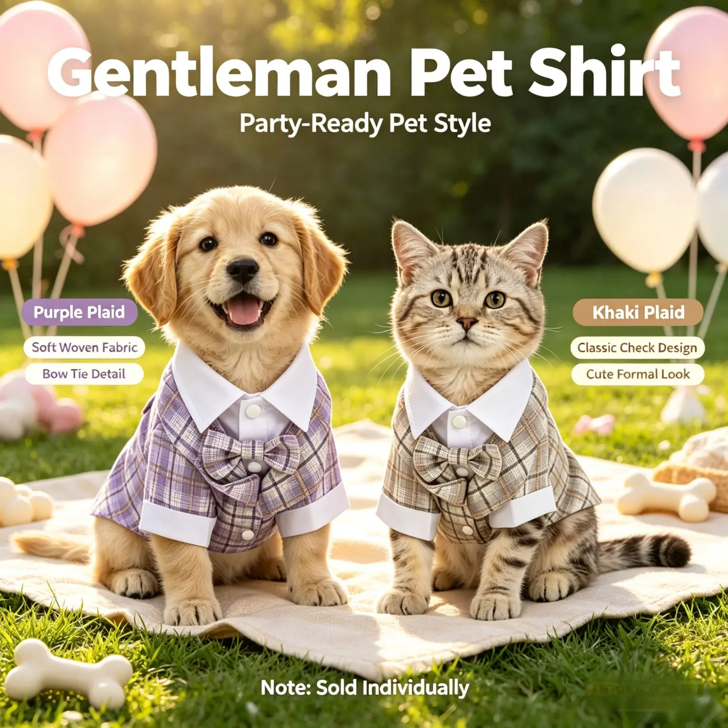 Dog Cat Gentleman Plaid Collared Shirt with Bow Tie, Soft Breathable Formal Tuxedo Suit, Pet Costume for Wedding, Birthday & Party Occasions, Sizes XS to XXXL Fit Small Medium Large Dogs Kittens