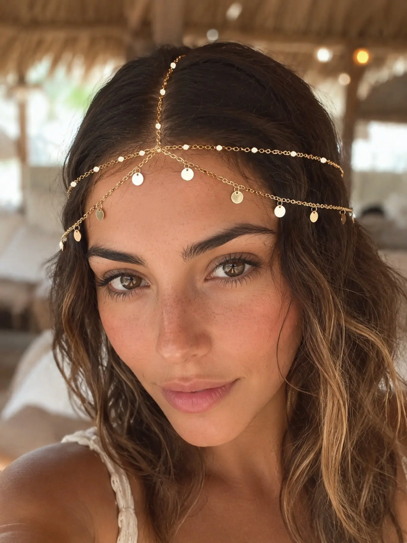 1pc Women's Gold Boho Bridal Head Chain, Layered Coin Forehead Jewelry, Adjustable Bridal Hairpiece, Bridal Headpiece for Wedding Beach Vacation Festival Party