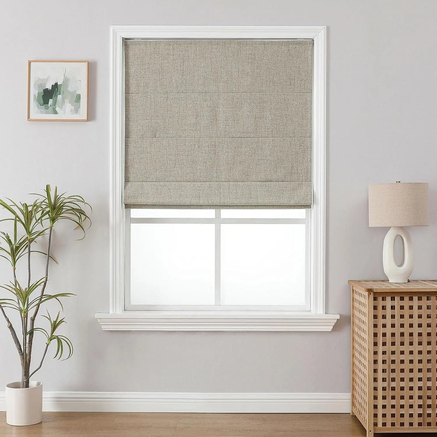 Cordless Roman Shades, Linen Fabric Thermal Insulated Blackout Window Blinds, Room Darkening Easy to Install for Indoor Windows, 34" W × 75" H, Linen