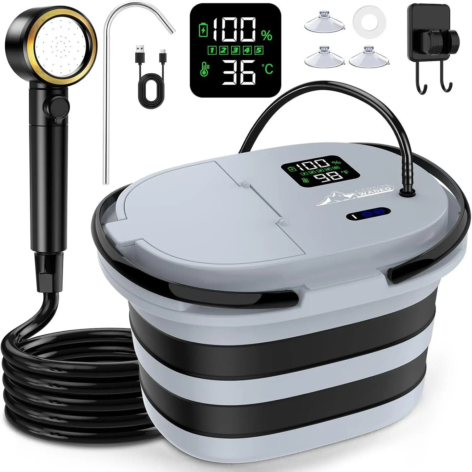 WADEO Portable Shower for Camping with 20L Bucket, 13000mAh Rechargeable | Camping Shower with Intelligent LED Display, °F/°C Switch, 5 Speeds Modes, IPX8 Waterproof Portable Shower for Hiking, Travel