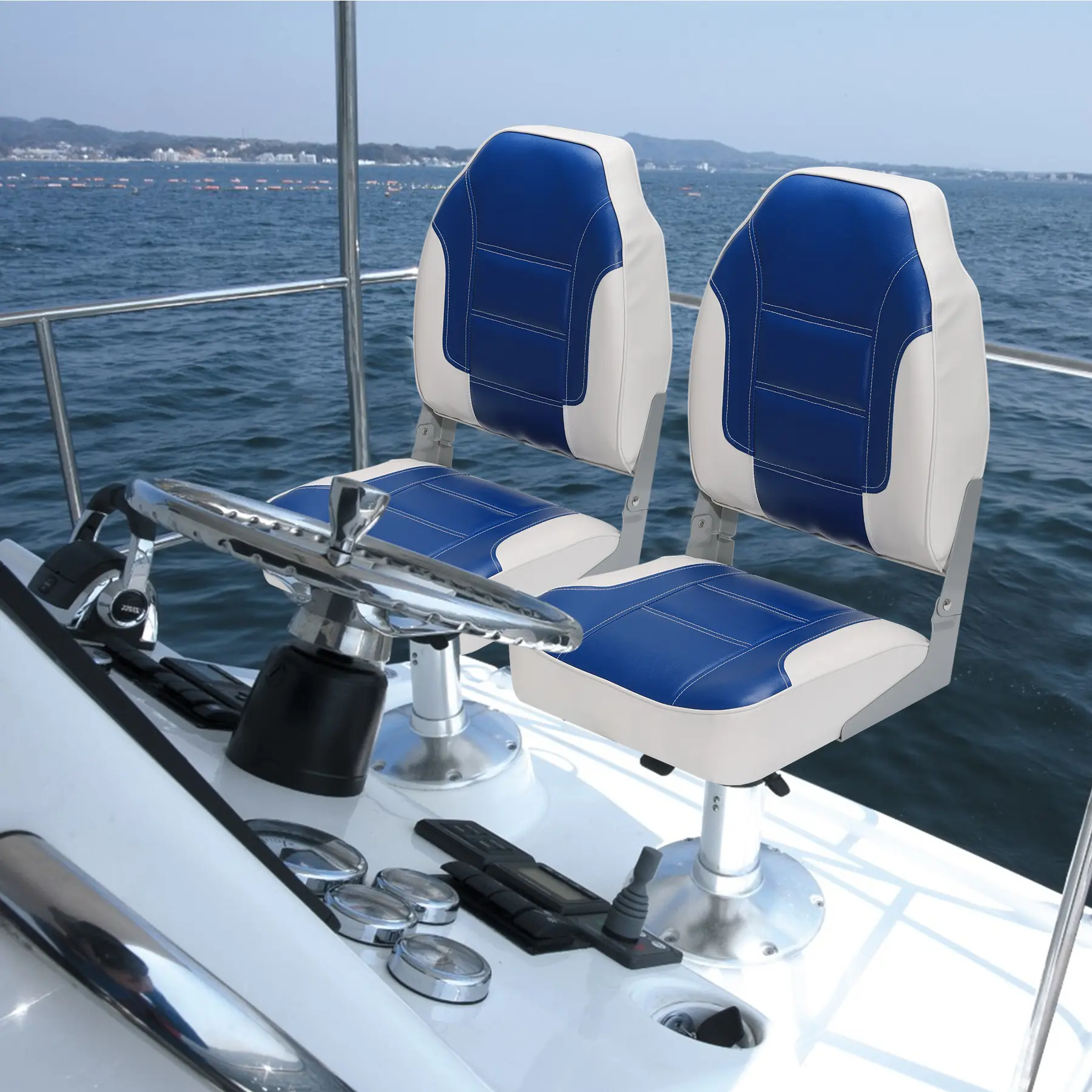 A Pair of High Back Folding Boat Seat,2 Marine Vinyl Seats with Ergonomic Design, 17"W x 15"D x 23.5"H, Easy Flip-Down Backrest for Space Saving, UV & Water Resistant