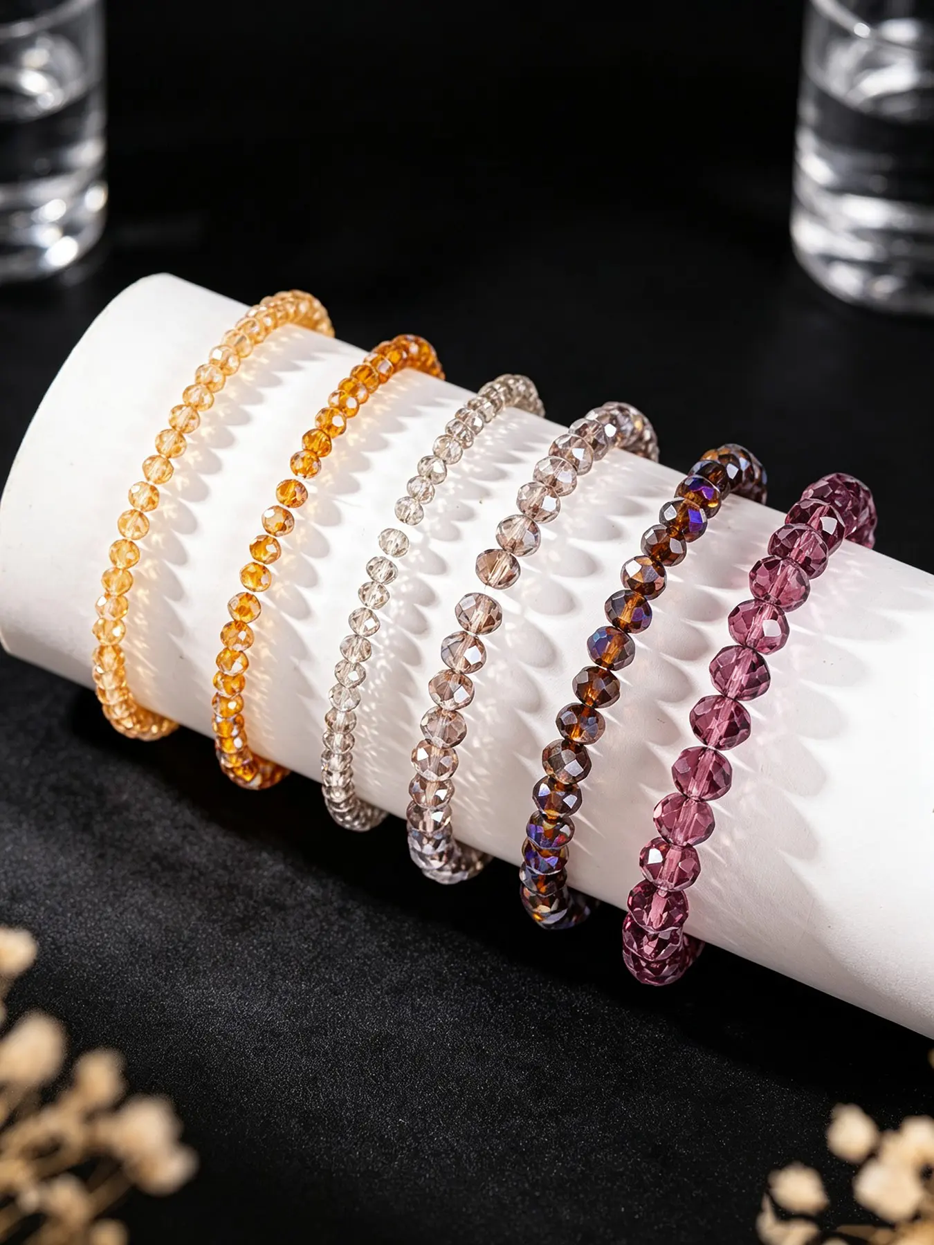6pcs Geometric Rhombus Champagne and Purple Mixed Transparent Artificial Crystal Bangle Set, Crystal Bracelets, Elegant Design, Perfect Gift for All Seasons