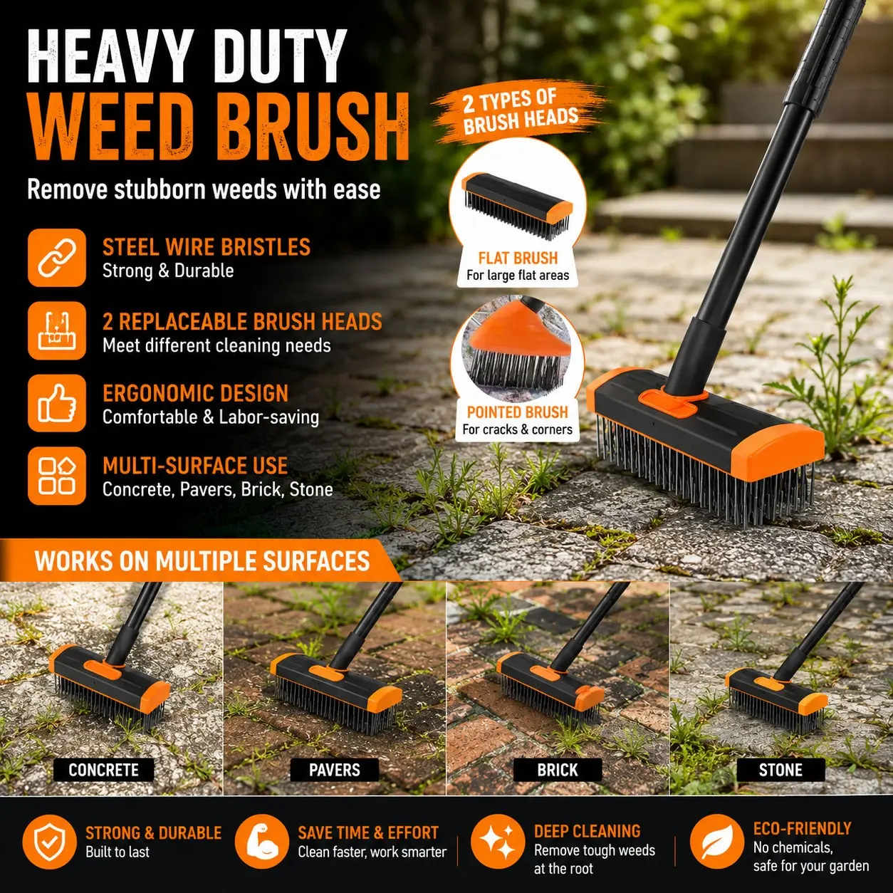 3-in-1 Stainless Steel Weed Remover Brush Kit, Detachable Long Handle for Patio, Driveway, Sidewalk Cracks and Garden Cleaning