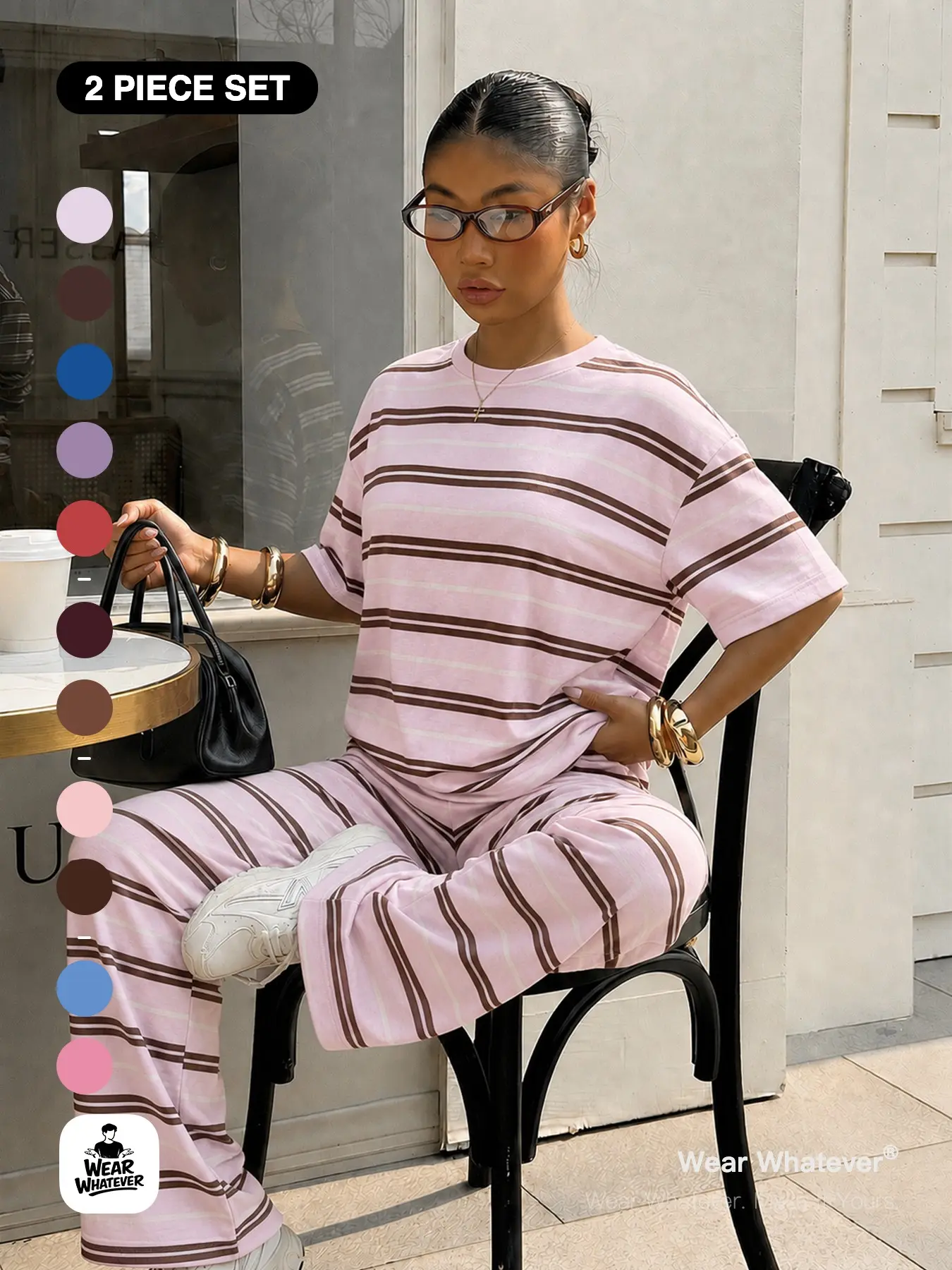 Wear Whatever Women's Striped Two-Piece Set, Oversized Short Sleeve T Shirt & Wide-Leg Pants, Matching Outfit, Casual Lounge Sets, Ideal for Travel and Daily Wear, Streetwear Looks, Everyday