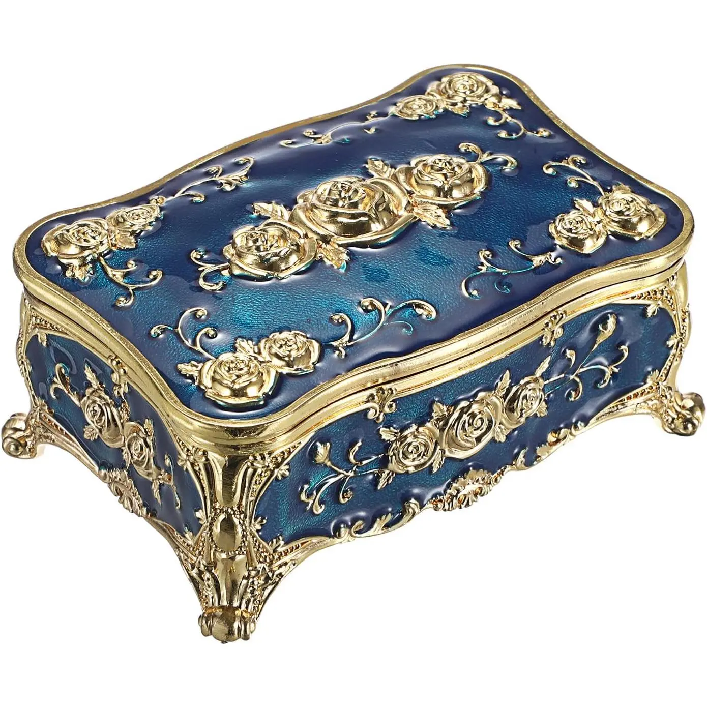 Blue Antique Floral Retro Metal Trinket Organizer Box - Decorative Rectangular Storage Box for Women, Keeps Trinkets Safe for Rings, Earrings, Necklaces