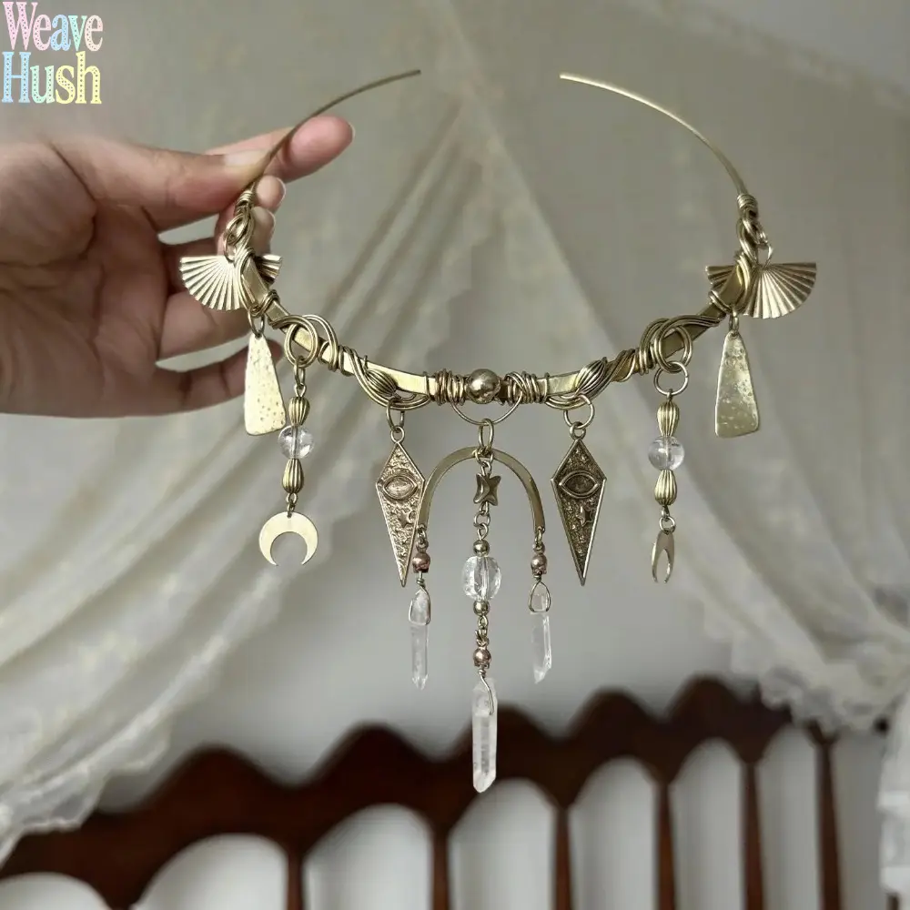 Handmade Brass Crystal Choker Necklace, Vintage Desert Wasteland Boho Choker With Moon Star Eye Charms, Clear Quartz & Tassel Accents, Unique Statement Jewelry For Music Festivals And Cosplay Outfits