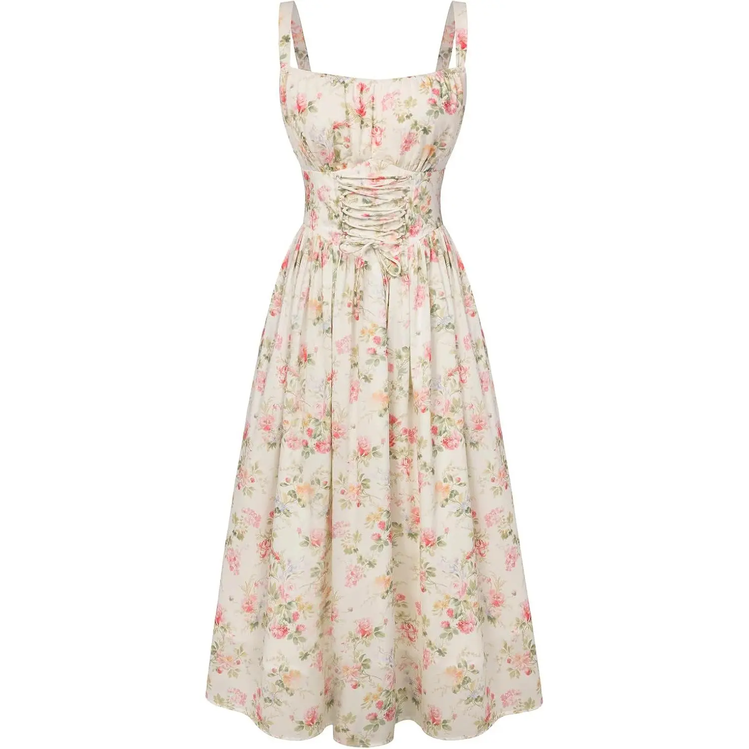 Women's Smocked Adjustable Chiffon Corset Milkmaid Dress - Lightweight Summer Wedding Guest Sundress with Pockets, Beach-Ready, Breathable, Casual, Fabric, Lace, Fit, Floral, Lady, Sleeveless, Elastane, Hidden Zipper, Corset Waist