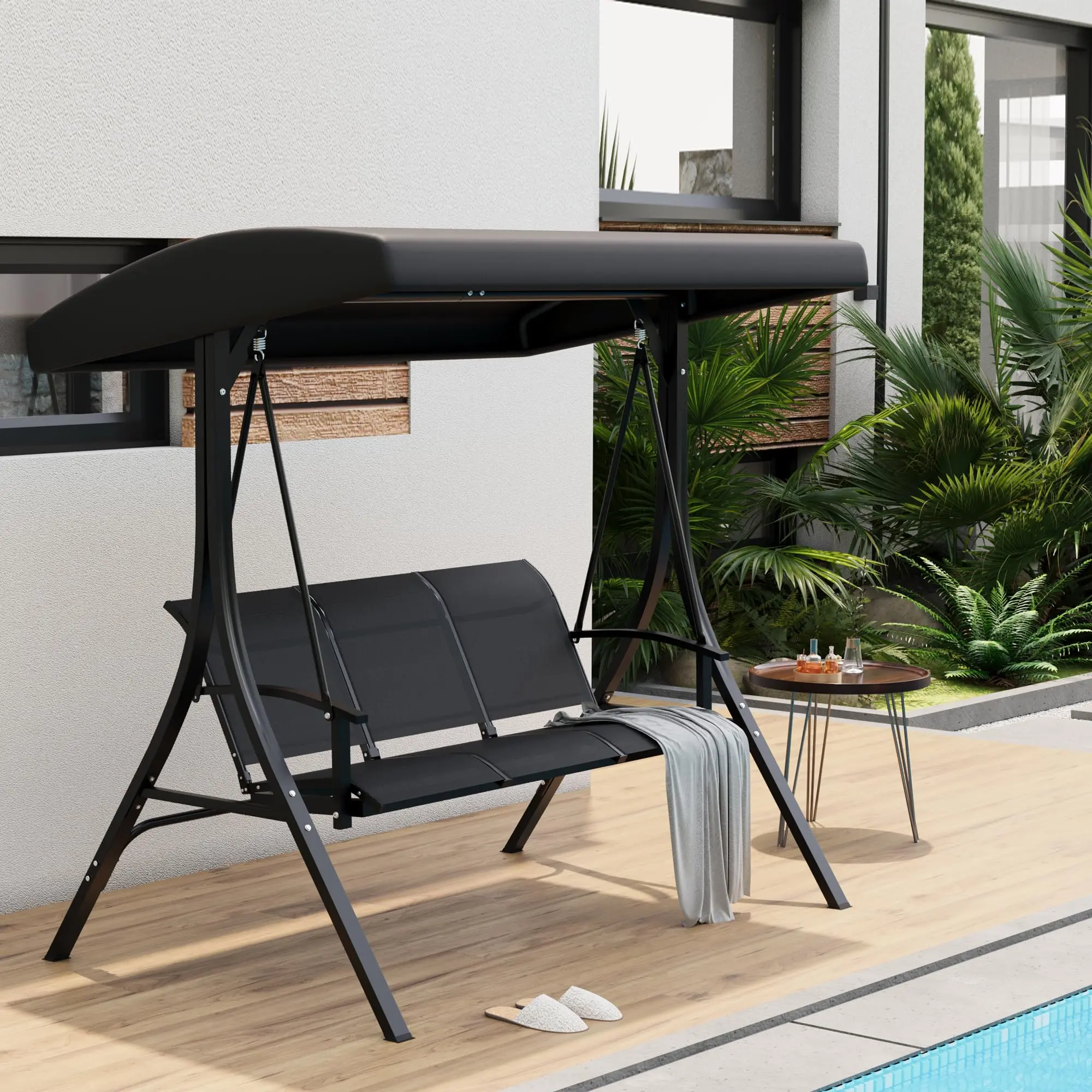 3-Seat Patio Swing Chair, Outdoor Porch Swing Bench with Adjustable Canopy & Armrests, Breathable Textilene Fabric, Weather Resistant Hanging Swing Chair for Garden, Backyard & Poolside, Black