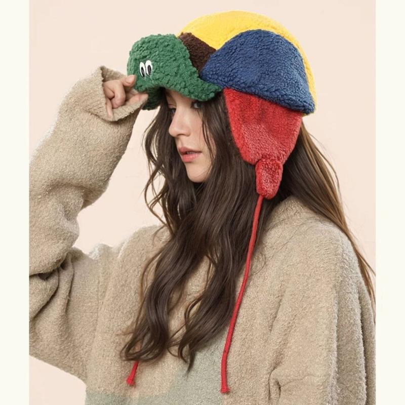 Cute Puffer Frog Lamb Fleece Aviator Hat Warm Polyester Fiber Trapper Cap For Winter Outdoor Sports Cozy Whimsical Design