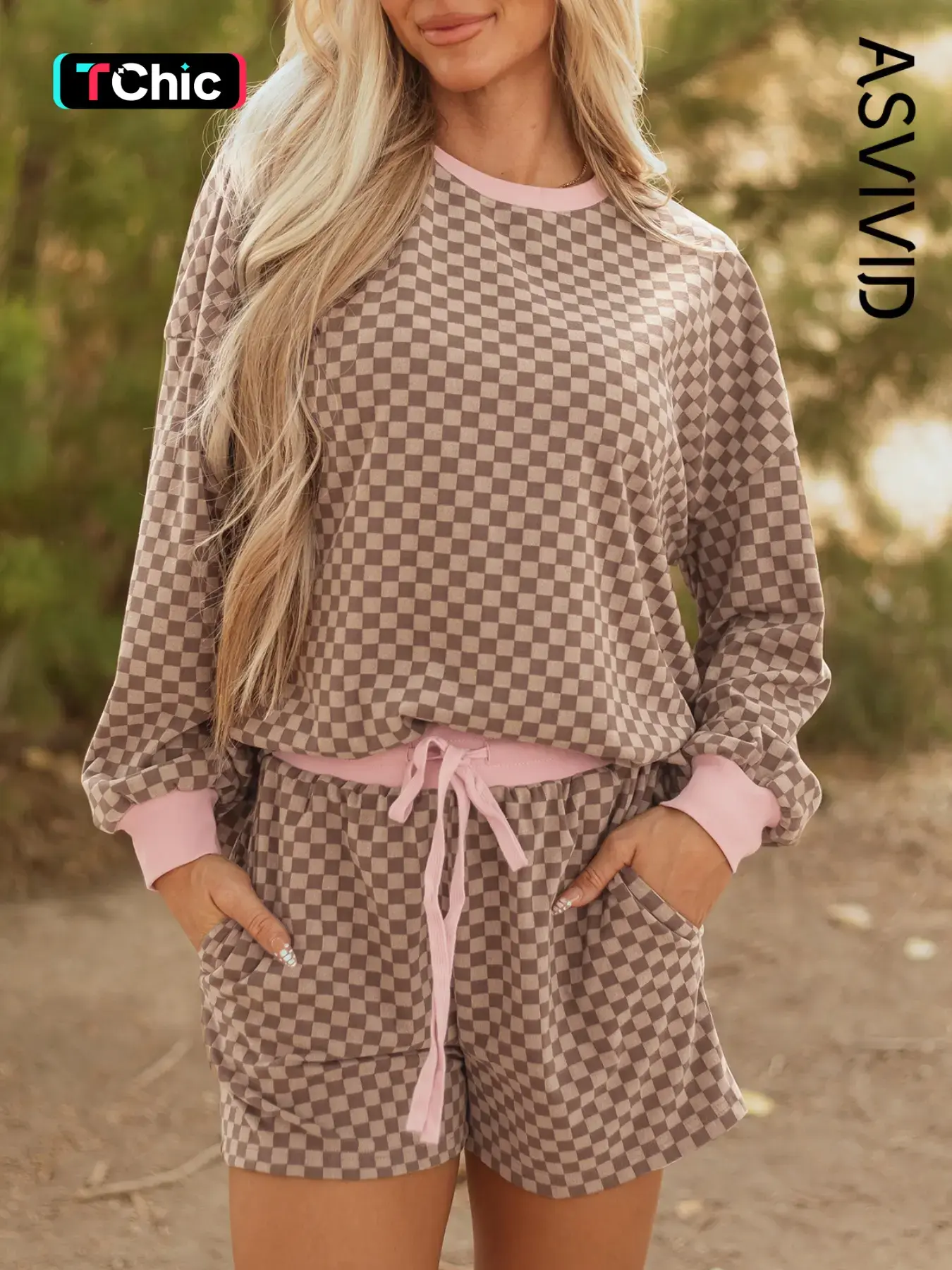 Women's Casual Chic Checkerboard Long Sleeve Pullover and Short Pants Set, High Waist Drawstring Design, All Seasons Two-Piece
