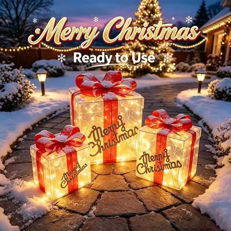 3-Piece Glow-In-The-Dark Christmas Decoration Set, Removable Bow, Remote Control, 8 Light Modes, Indoor/outdoor, Holiday Decor, Outdoor Decorations