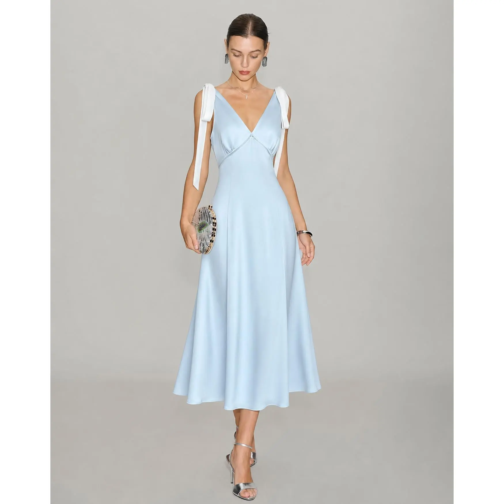Blue V Neck Cut Out Satin Midi Dress