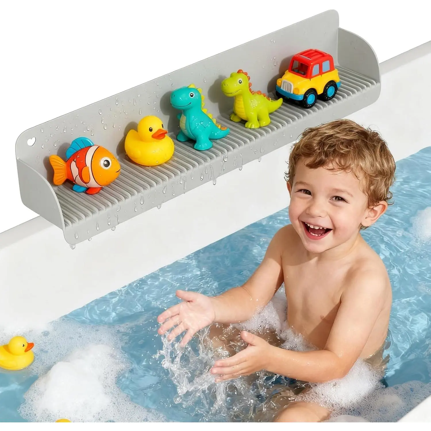 24 Inch Bathtub Splash Guard Silicone Bath Tub Tray with 10 Strong Suction Cups Bathtub Shelf Toy Holder Prevent Water Spills in Bathroom Easy Clean & Fold Grey