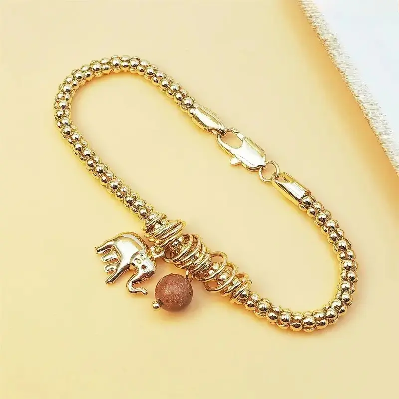 2026 14K Gold Plated Beaded Chain Bracelet - Lucky Elephant Charm & Sunstone Pendant, Adjustable Statement Jewelry with Lobster Clasp for Women