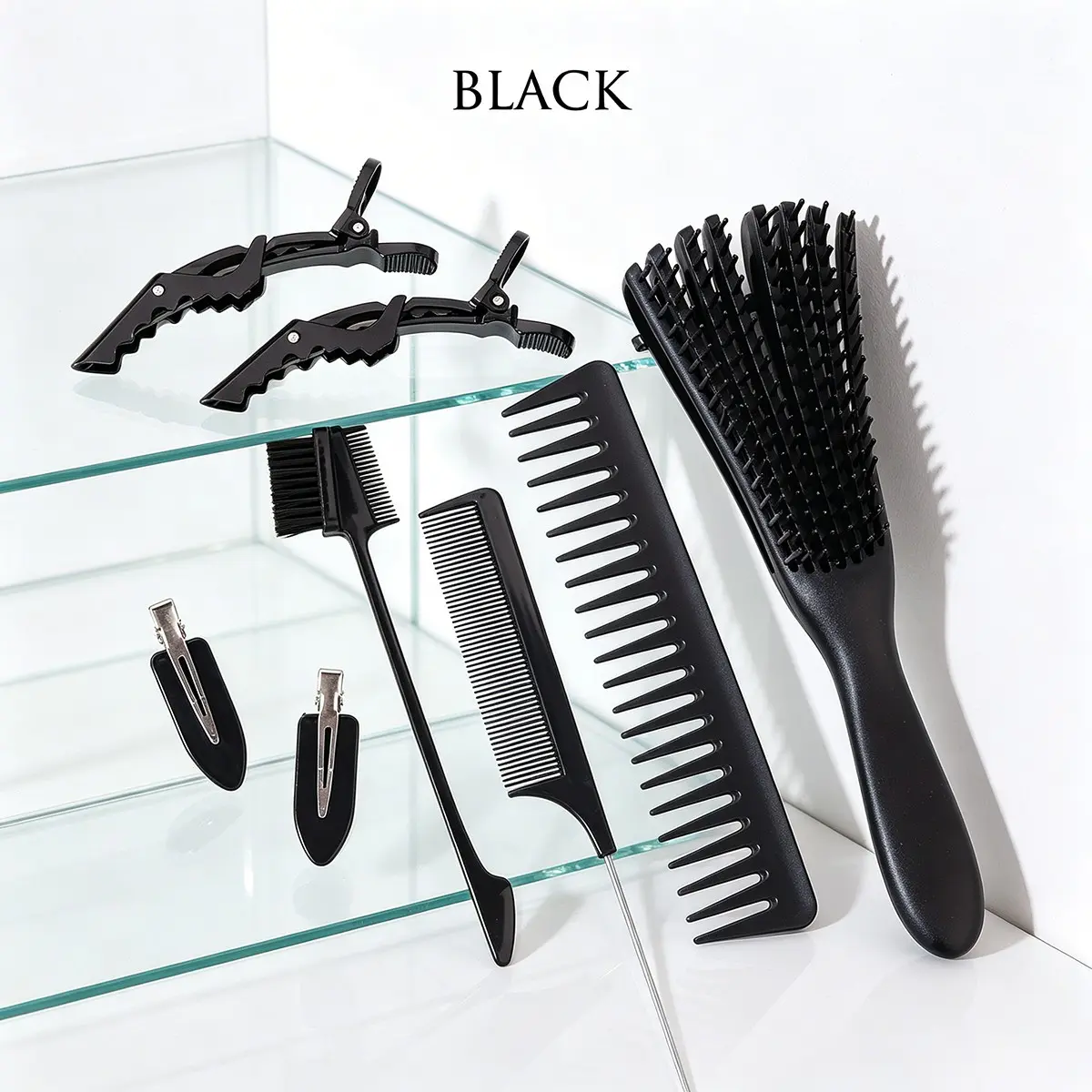 8Pcs Hair Styling Tools Set Detangler Brush Wide Tooth Comb Rat Tail Edge Control Brush Hair Section Clips Professional Hair Braiding Kit For All Hair Types