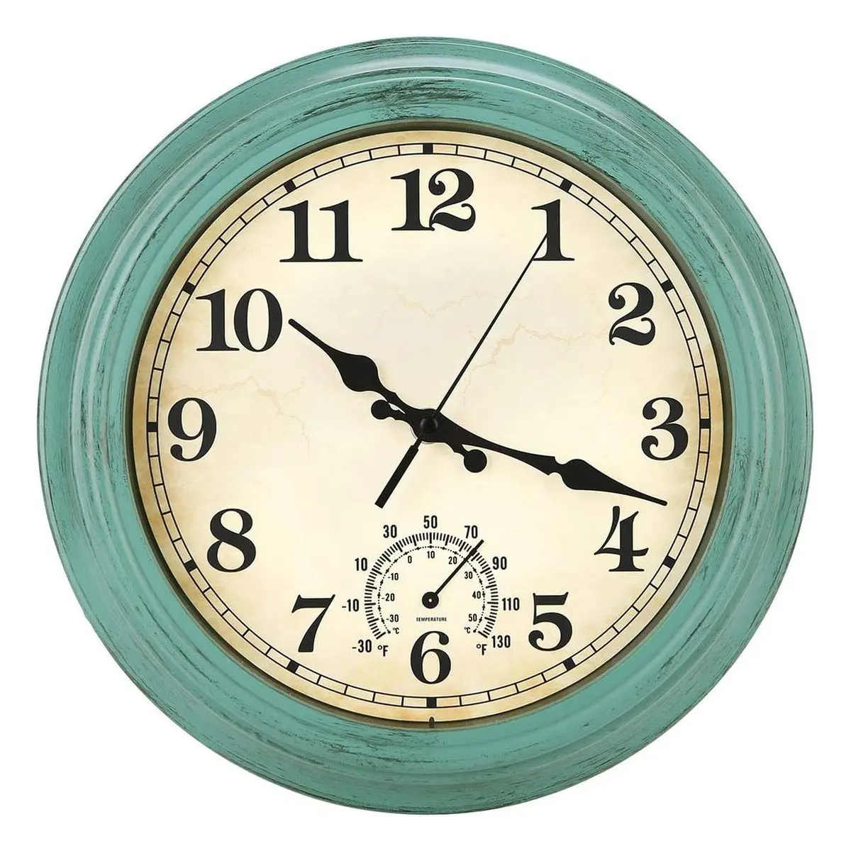 12-Inch Round Retro Decorative Glass Wall Clock - Waterproof, Silent Non-Ticking Quartz, Battery Operated with Thermometer, Olive Green, for Kitchen, Patio, Ideal Gift