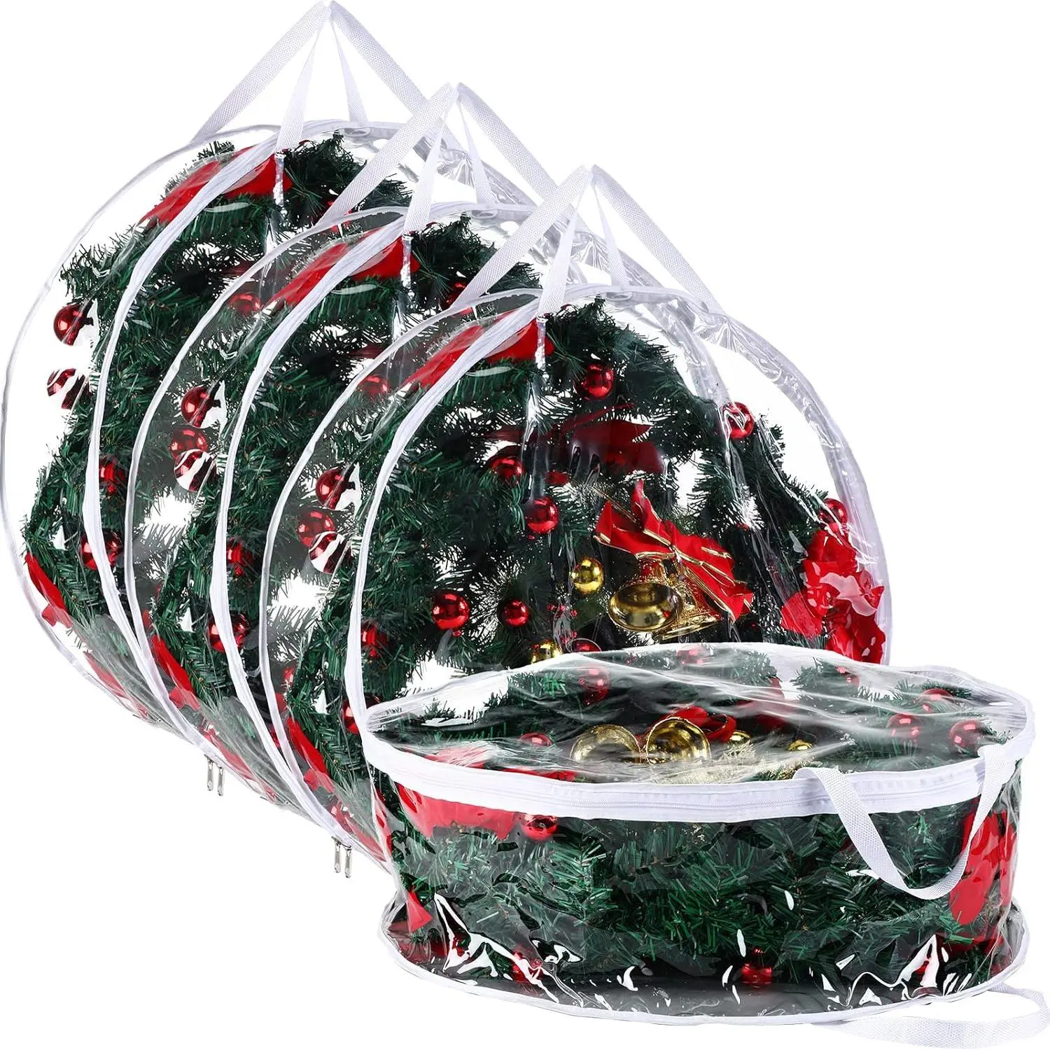 4 Pieces 24 Inches Clear Christmas Wreath Storage Container, Plastic Xmas Wreath Storage Bag with Dual Zippers and Reinforced Handles for Xmas Seasonal Garland Storage (Clear)