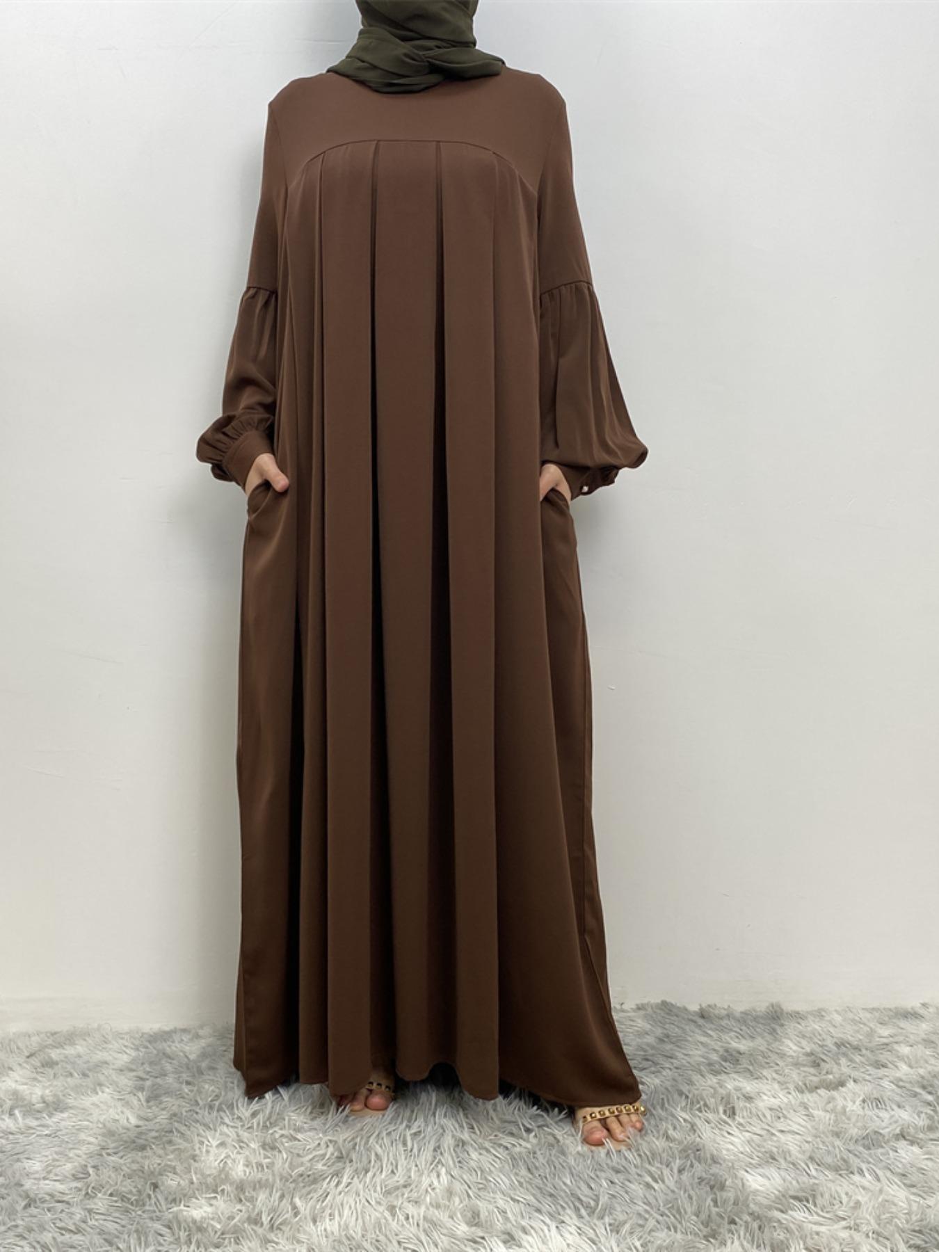 Women's Solid Lantern Sleeve Arabian Dress Without Hijab, Casual Long Sleeve Pleated Dress, Ladies Spring & Fall Clothes For Daily Wear, Summer Outfits 2024, Muslim Women Gowns