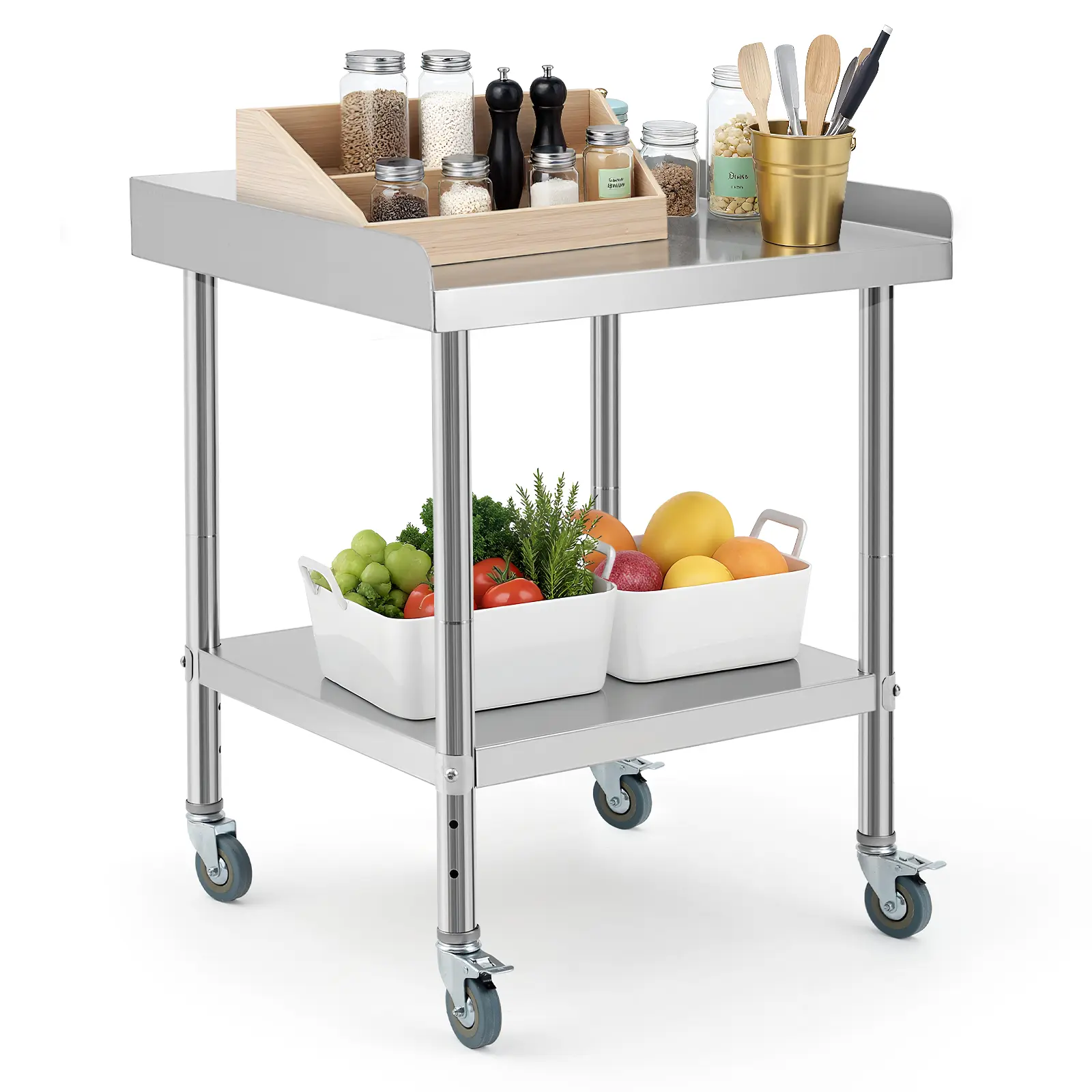 201 Stainless Steel Outdoor Grill Prep Table with Wheels Fixed Backsplash BBQ Work Table Patio Food Prep Station Outdoor Kitchen Utility Table 24 Inch x 24 Inch x 30 Inch