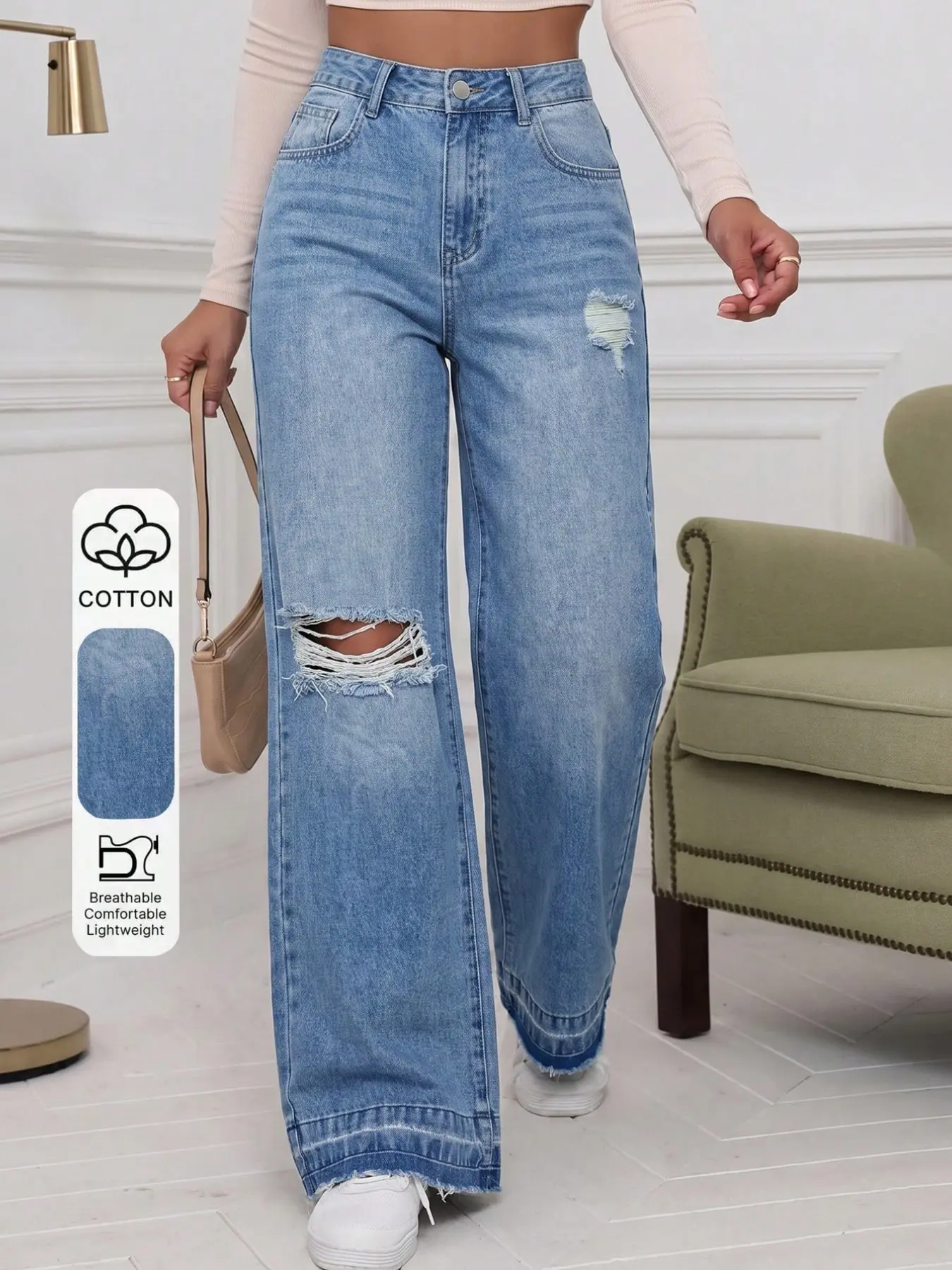 High Waisted Distressed Loose Baggy Wide Leg Jeans for Women, Ripped Frayed Hem Denim Jeans, Trendy Streetwear Vibe, All-Season Casual Fashion