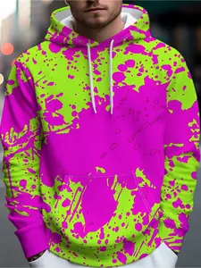 Men's trendy brand streetwear hooded sweatshirt in fluorescent green and bright pink splattered abstract design - full of streetwear style, with rich pattern elements and artistic appeal, easily creating a personalized outfit.