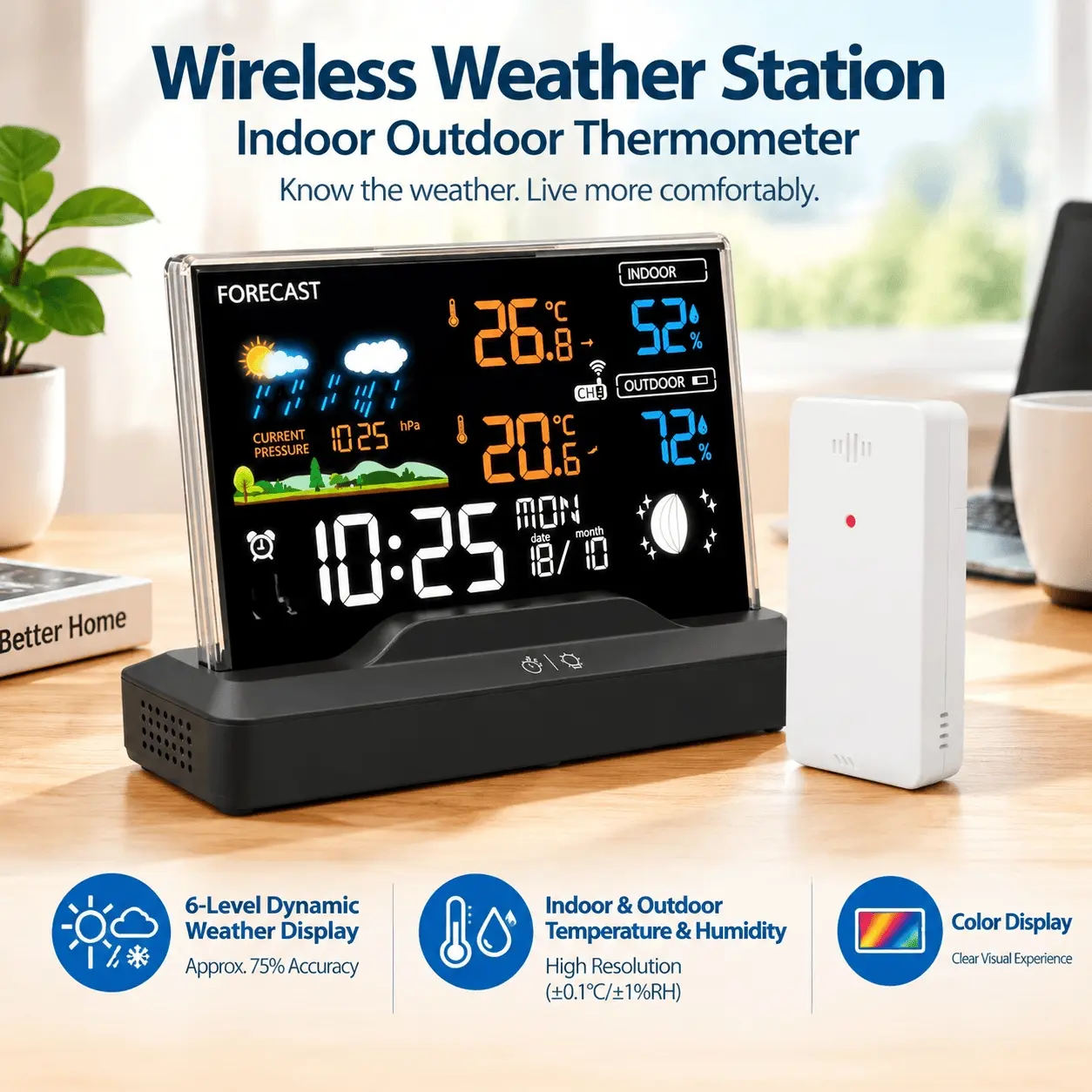 1PC Wireless Weather Station Indoor Outdoor Thermometer, Color Display Digital Weather Thermometer with Barometer, Forecast Station for Home Office, USB-Powered, 2 X 1.5V