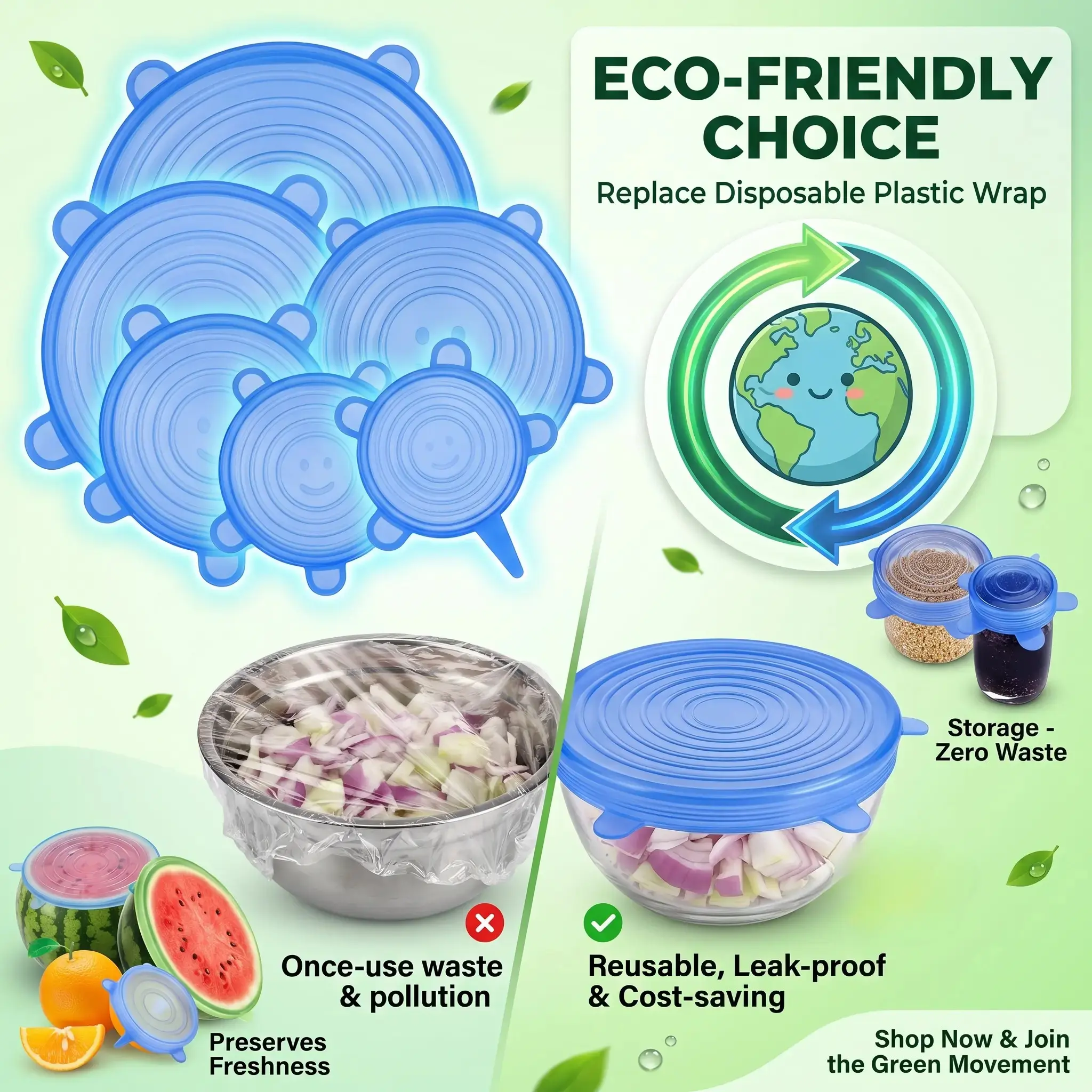 6-Pack Reusable Silicone Stretch Lids, Airtight Food Covers for Bowls, Plastic Containers, and Spice Jars, Leak-Proof & BPA-Free, Kitchen, Elastic, Smooth, Multi-Size, Stainless, Everyday Use, Six Pieces
