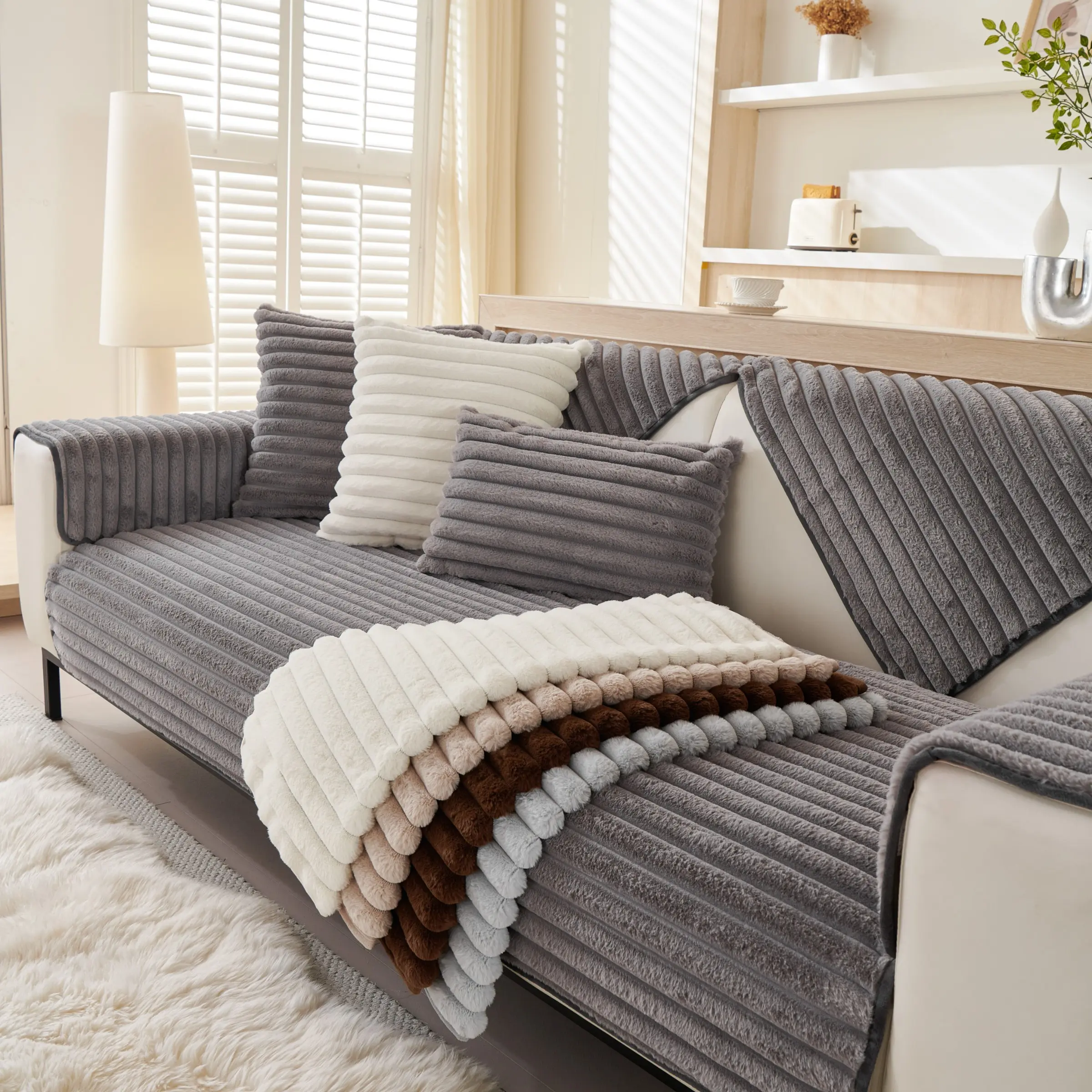 Solid Color Sofa Slipcover & Couch Cover for Sofa, Anti-Slip Reusable Furniture Protector, Soft Comfortable Pillow Case with Decorative Stripes, Living Room Household Textile Accessory