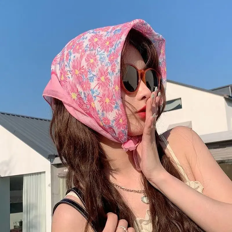Cute and Artistic Japanese-Style Floral Cotton-Linen Small Square Scarf - 58cm Lightweight Decorative Headscarf for Daily Fresh and Simple Casual Wear with Cute Look