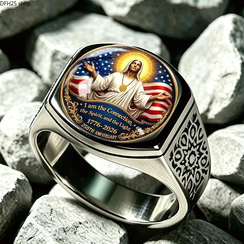 Vintage Flag Portrait Ring With Halo Graphic Design, Stainless Steel Style Statement Jewelry Accessory, Adjustable Fashion Ring for Men And Women Daily Wear