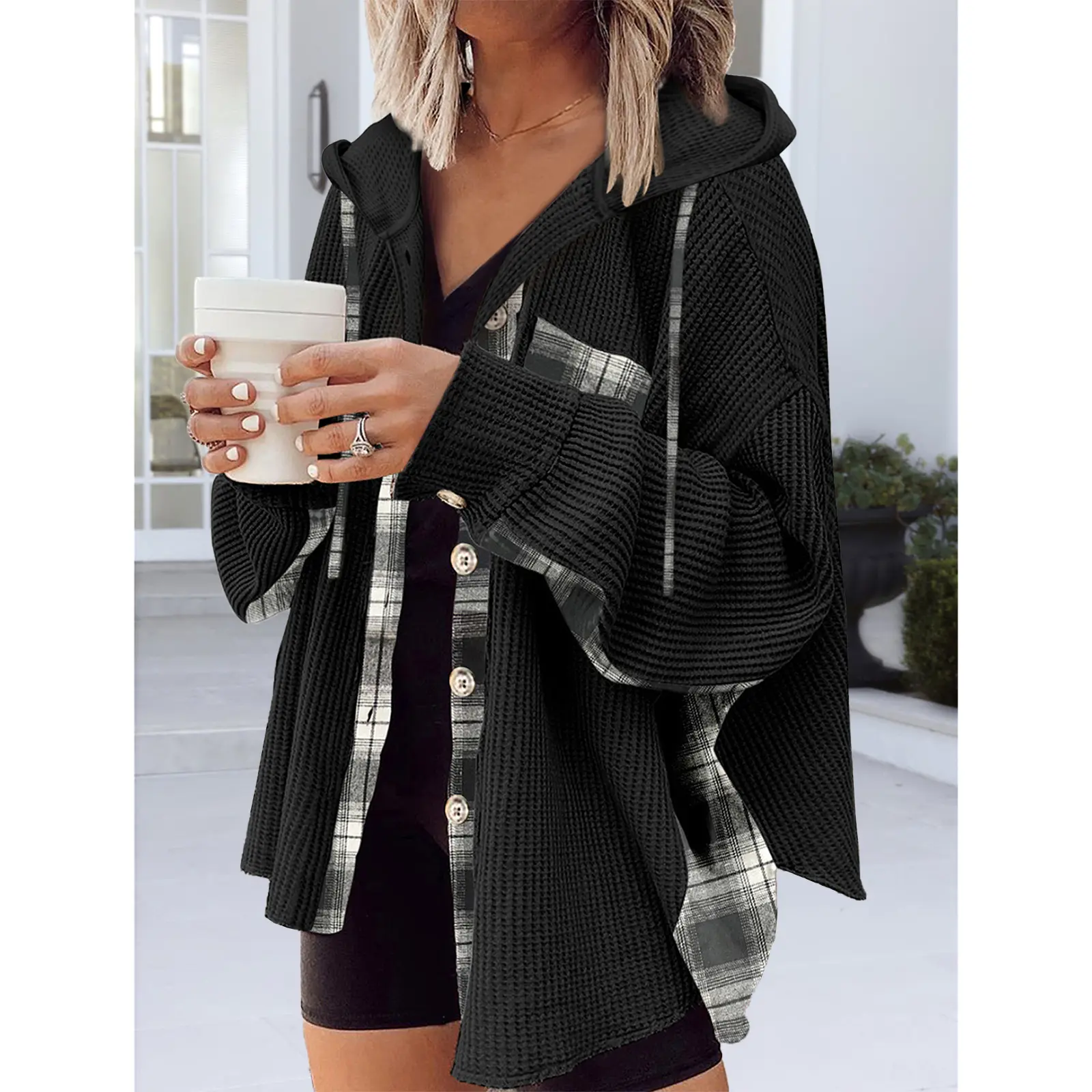 Women's Waffle Knit Hooded Shacket, Plaid Patchwork Button Down Long Sleeve Oversized Shirt Jacket with Pockets Womenswear Coats