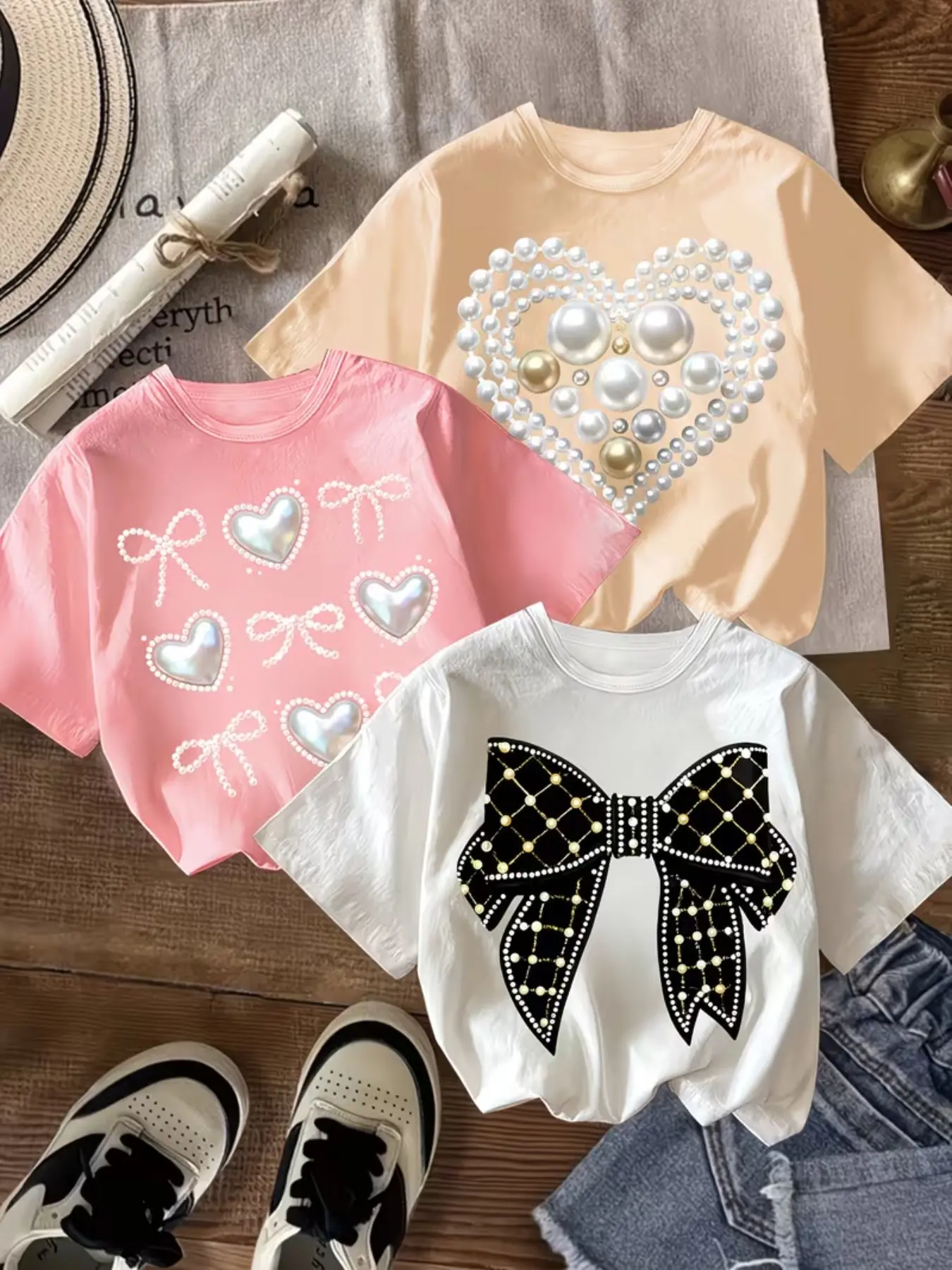 Three-Piece Set, Fashion Pearl Bow Heart Pattern Girl Short Sleeve T-Shirt, Casual and Sporty, Ideal for Daily Wear and Outdoor Activities, Summer Clothing Set