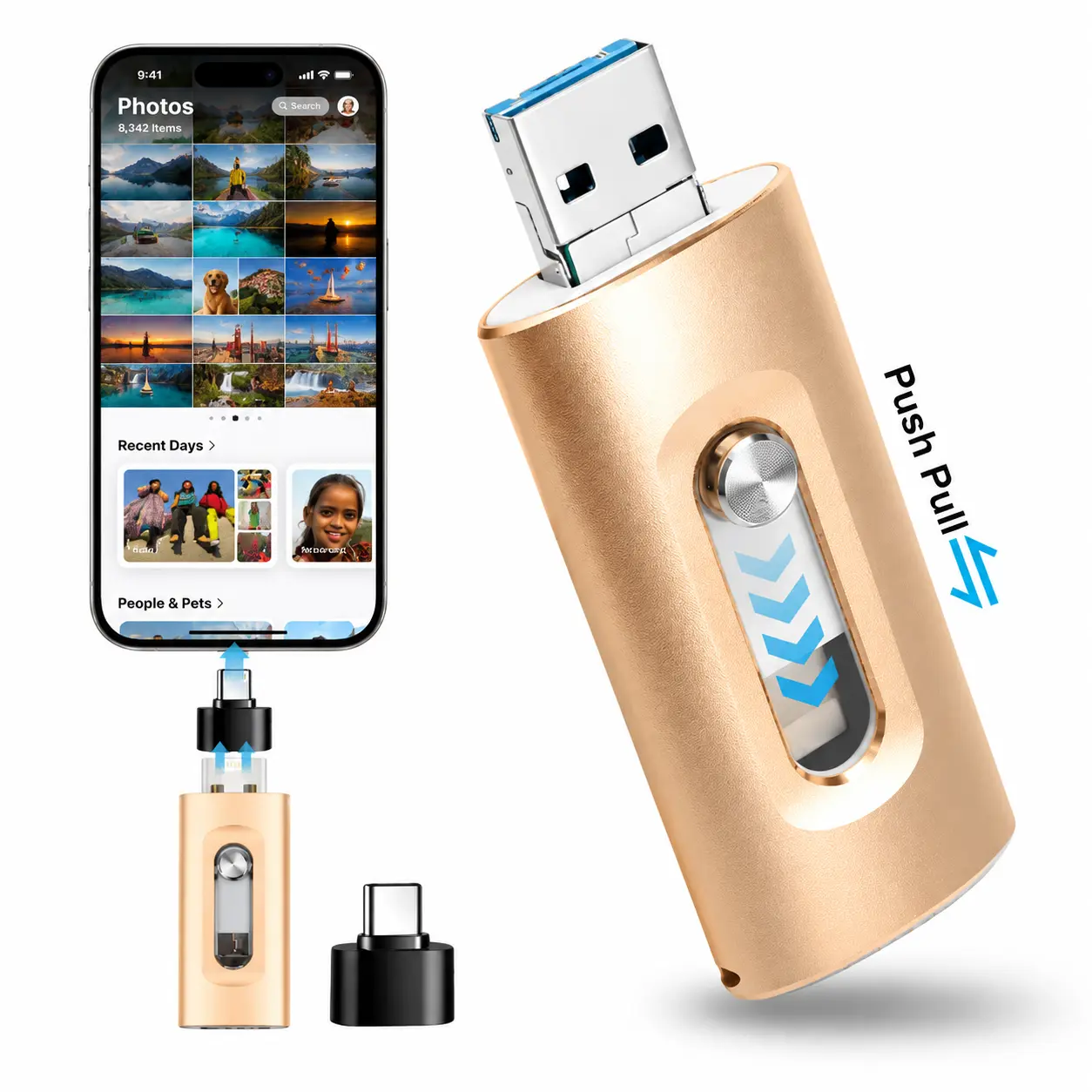 3-in-1 High-Speed USB 3.0 OTG Flash Drive with Type-C Adapter - Tech Gadgets, Multi-Port USB Hub, Portable Phone Storage Drive for iPhones, PCs, Photos & Videos Backup, Multi-Port Usb Hub Adapters