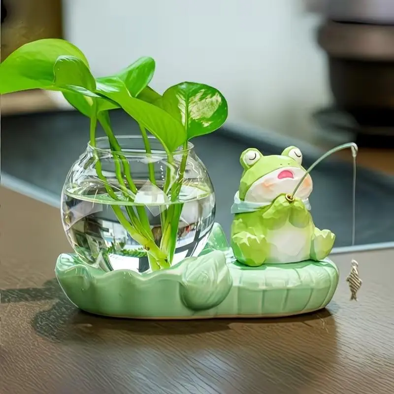 Cute Fish Tank Hydroponic Flower Pot, Ceramic Cat/frog Shape Decorative Vase, Office Culture Vase, Lazy Man Hydroponic Kit, Desk Healing Gift, Home Decor Vase