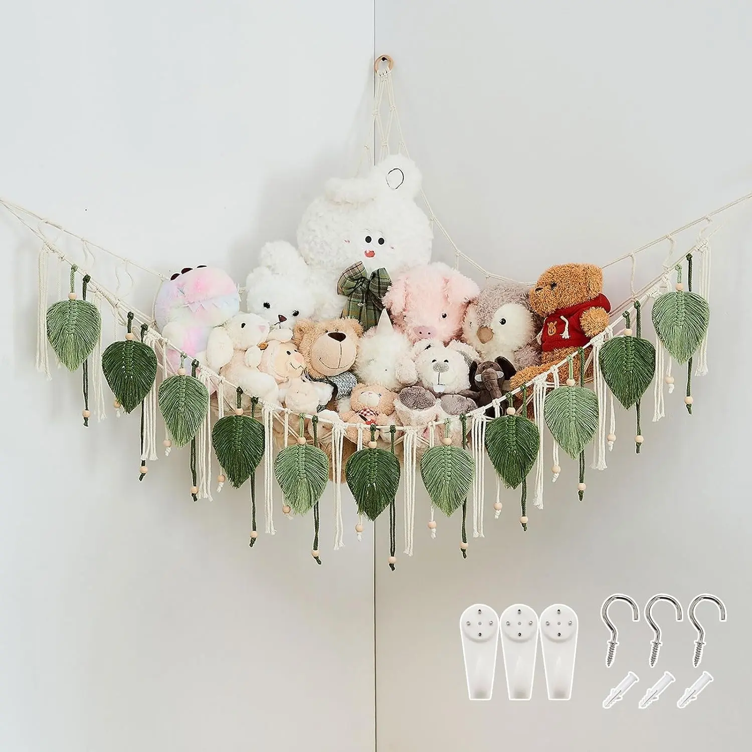 Wooden Beaded Macrame Stuffed Animal Hammock, Hand-Woven with Leaf Tassels, Corner Hanging Net Boho Plush Toy Organizer for Kid Room Nursery Decor, Girls’ Gift (Sage Green & Avocado Green)