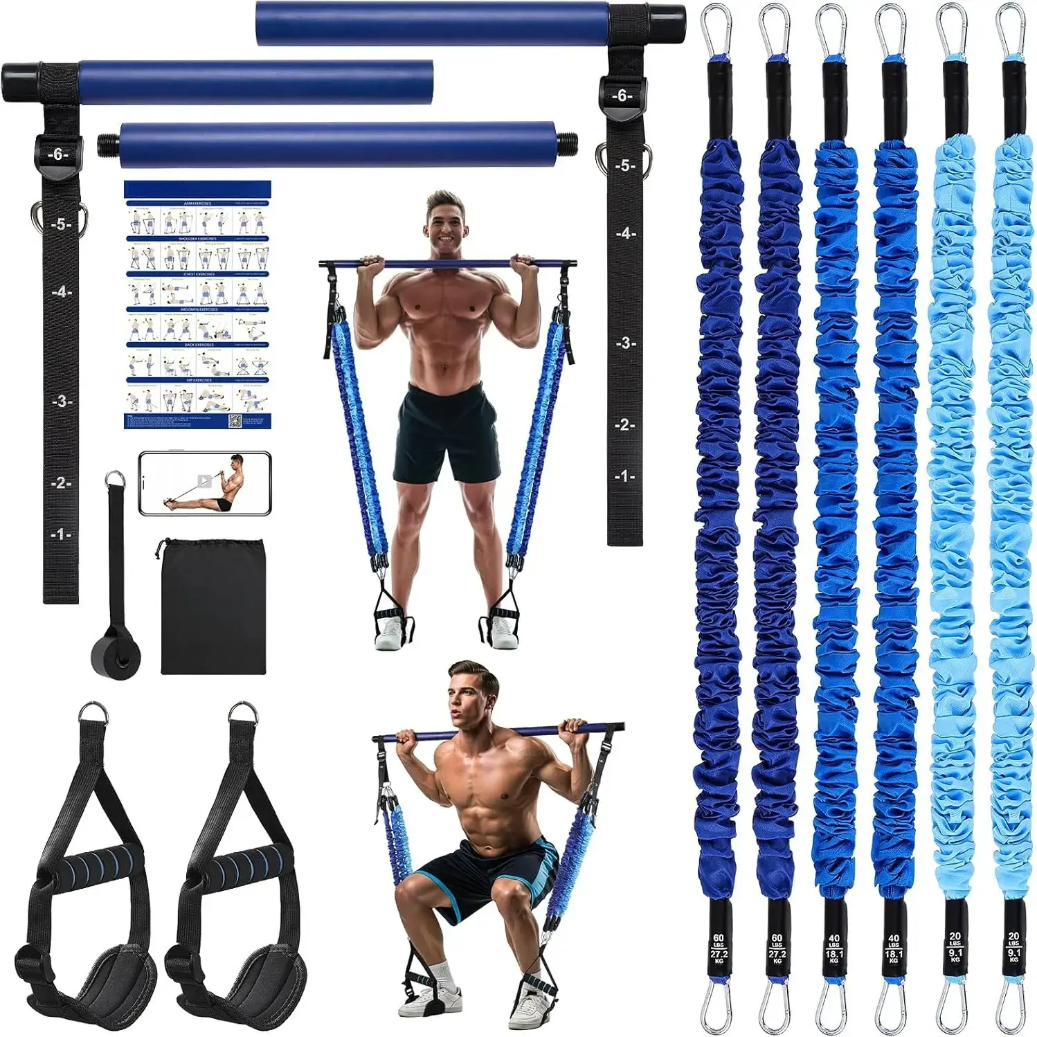 Resistance Bands Set with Pilates Bar for Home Gym, Adjustable Workout Kit (20–70 lbs Resistance) for Full Body Training