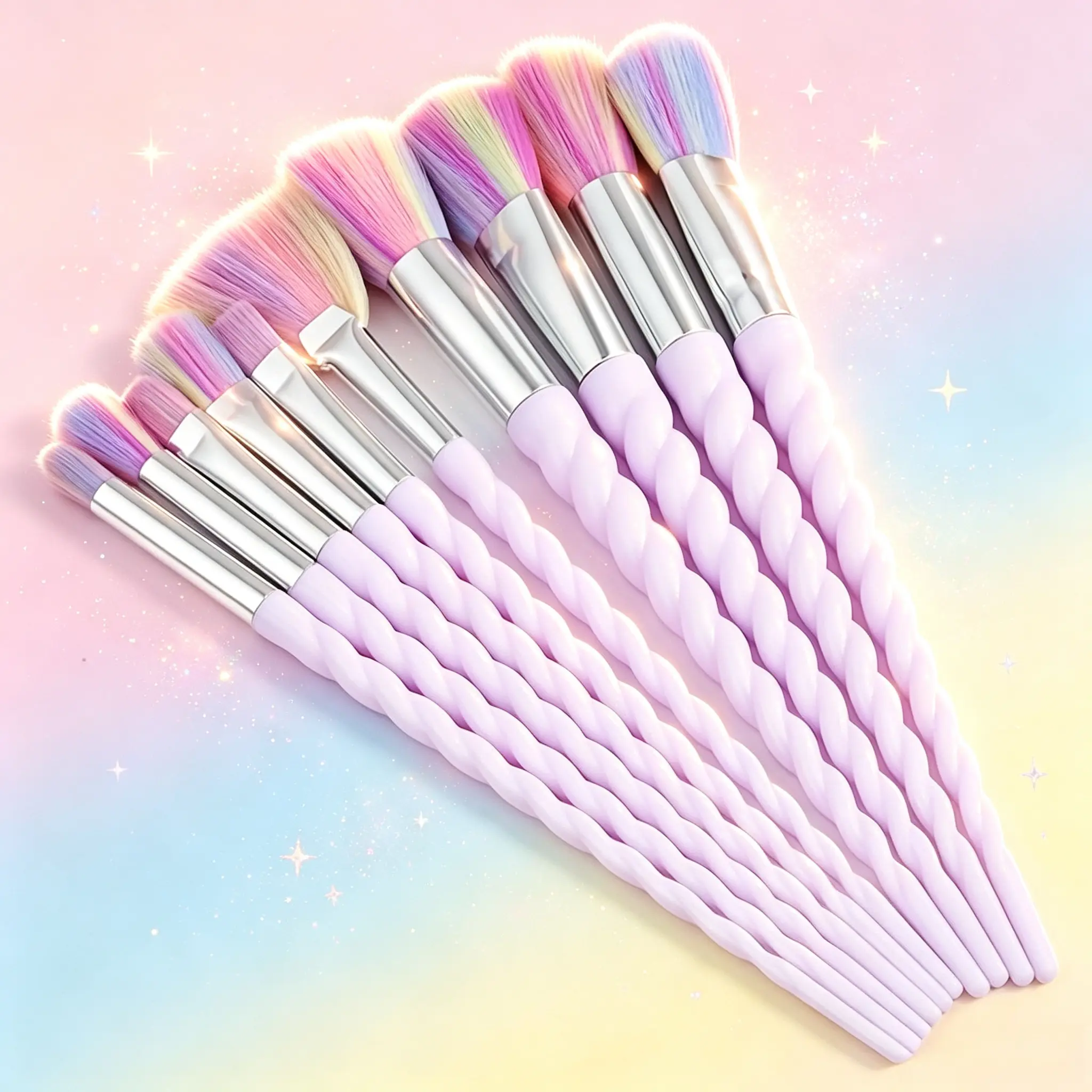 Girly Iridescent Unicorn Makeup Brush Set, Eye Brushes For Makeup, Foundation Brushes, Twist Non-slip Handle Rainbow Gradient Bristles, 10 Sizes For Base & Eye Makeup, Portable Laser Bag For On-the-go Touch-up