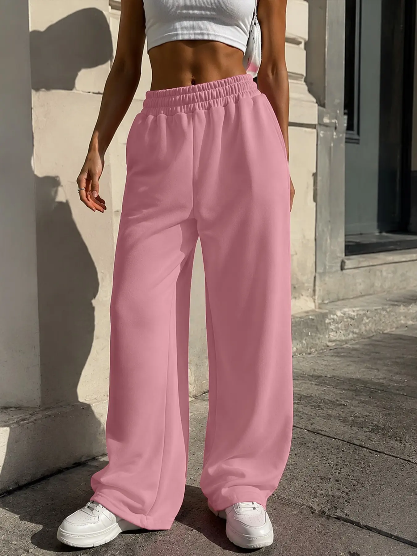 High Waist Wide Leg Sweatpants, Elastic Waist, Loose-Fitting, Solid Pattern, Casual Daily Pants, Fall & Winter Fashion
