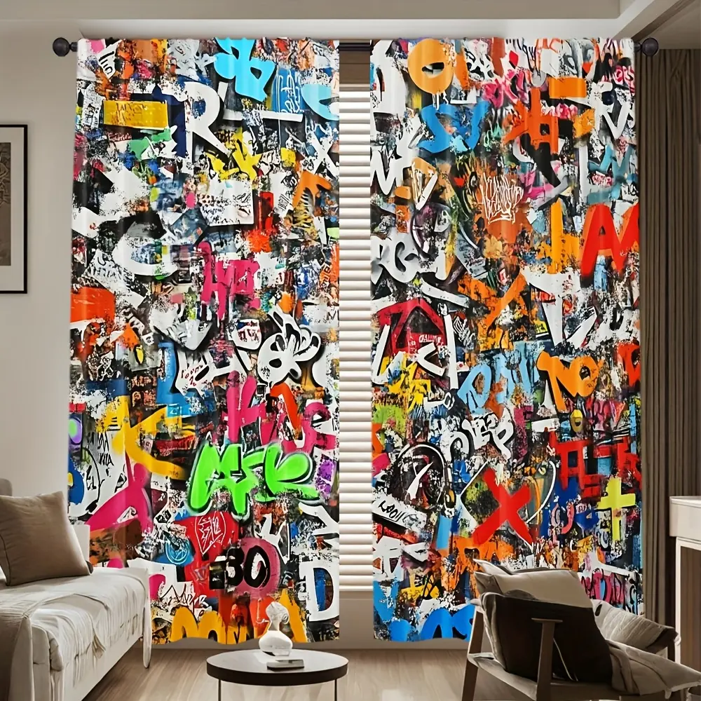 Graffiti Print 2-Piece Easy-Installation Curtain Set, Vibrant Look, 100% Polyester Heat Insulating Blackout Curtains for Indoor Use (Rod Not Included, Static, No Batteries Required)