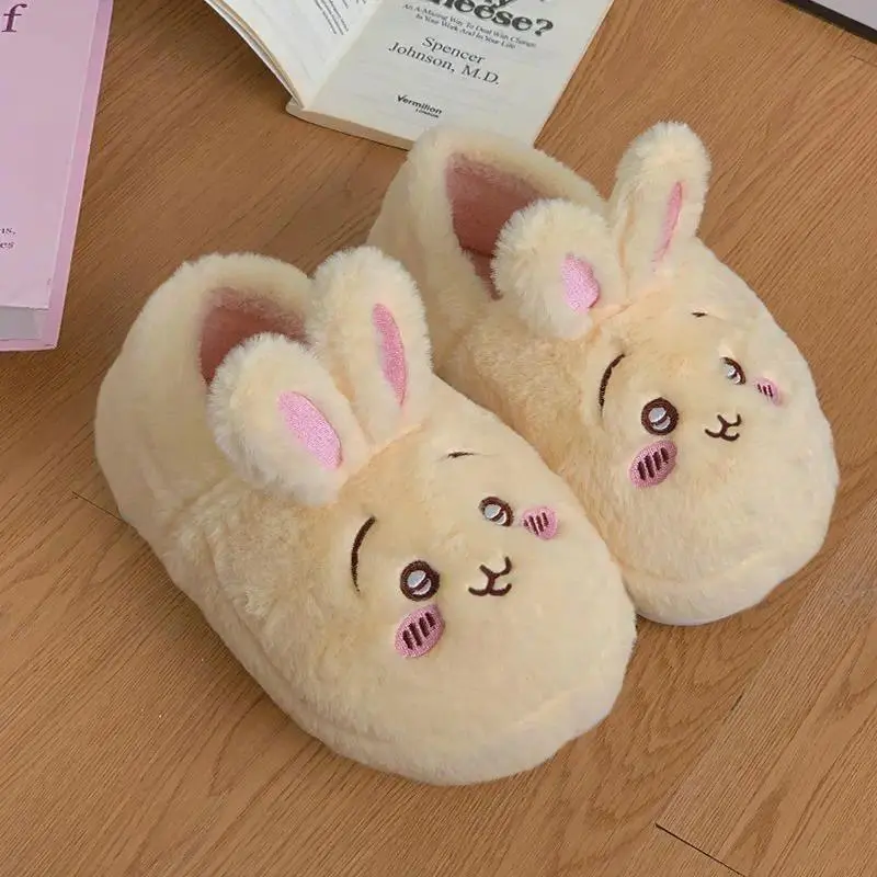Chiikawa Usagi Cute Cotton Slippers for Women Winter Warm Lined Non-slip Indoor Outdoor Home Shoes Cozy Soft Slippers Girl Gift