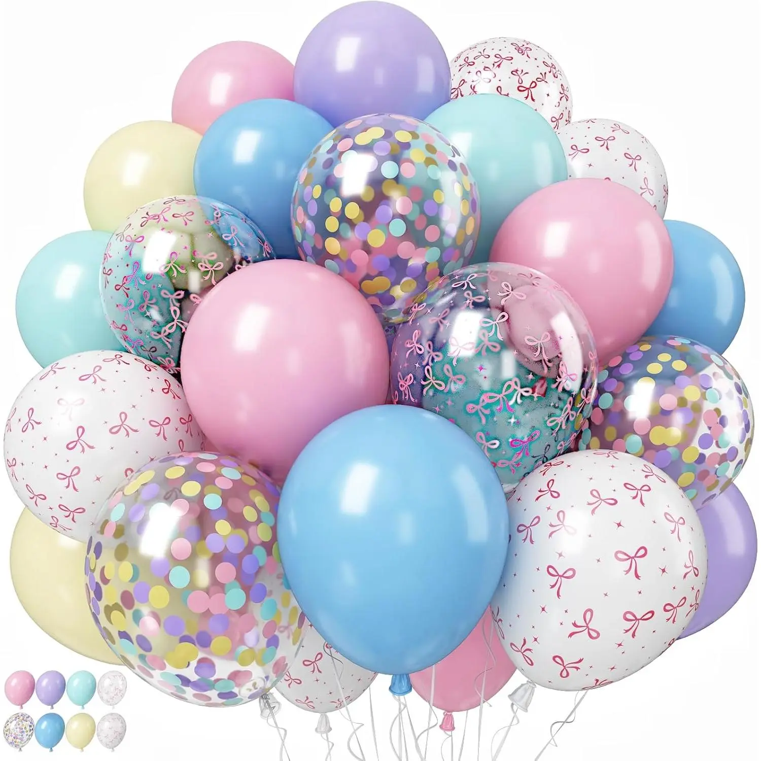 Pastel Bow Balloons Macaron Rainbow Balloon Birthday Decorations, 55 Pcs 12 In Pastel Colorful Pink Bows Print Balloon Blue Purple Yellow Confetti Balloon for Kids Girls Princess Easter Bridal Shower