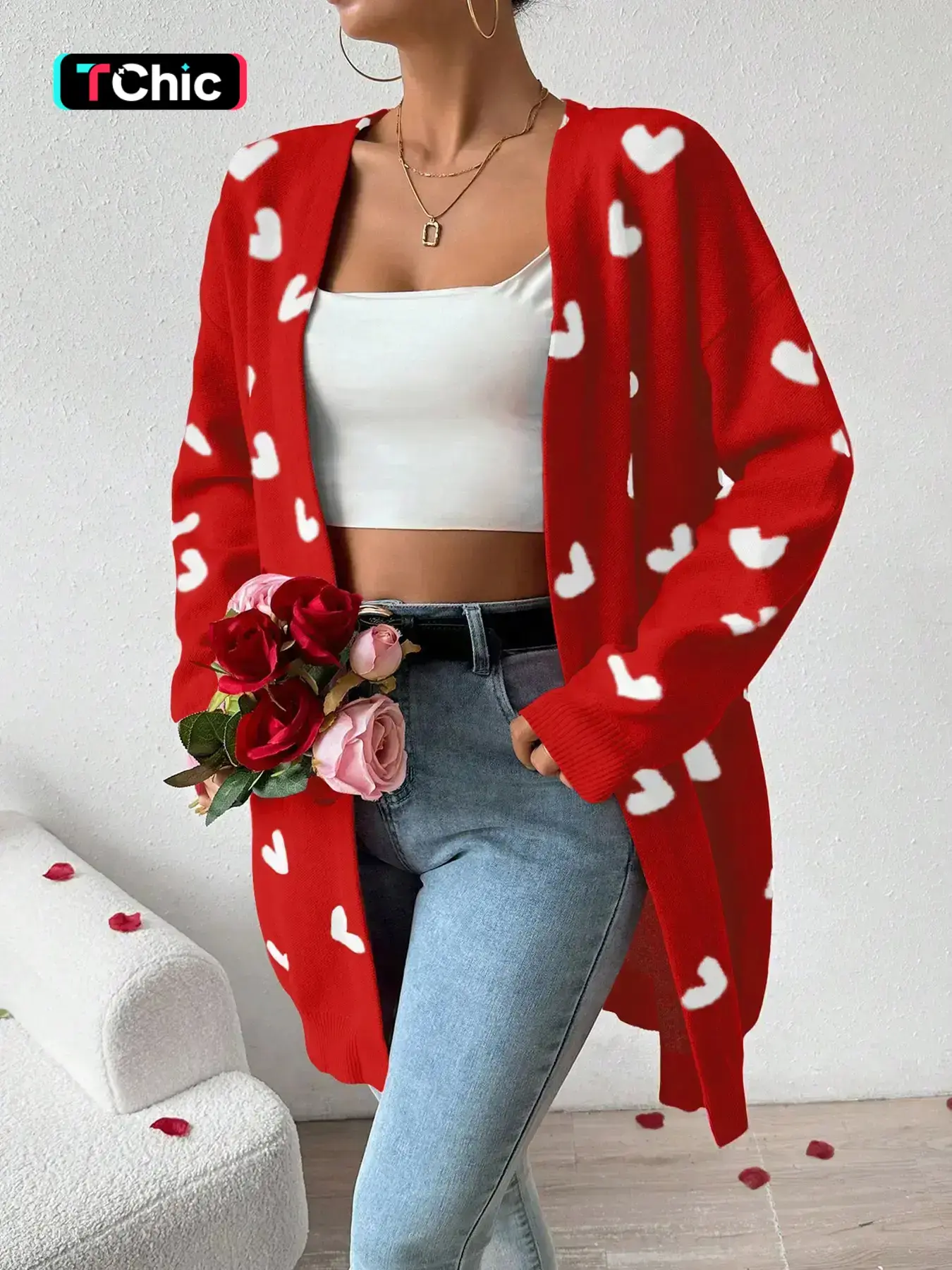 Women Open Front Duster Sweaters Casual Elegant Knitwear Long Sleeve Heart Print Knitted Cardigans Fall Knitwear for Streetwear Casual Chic Knitwear