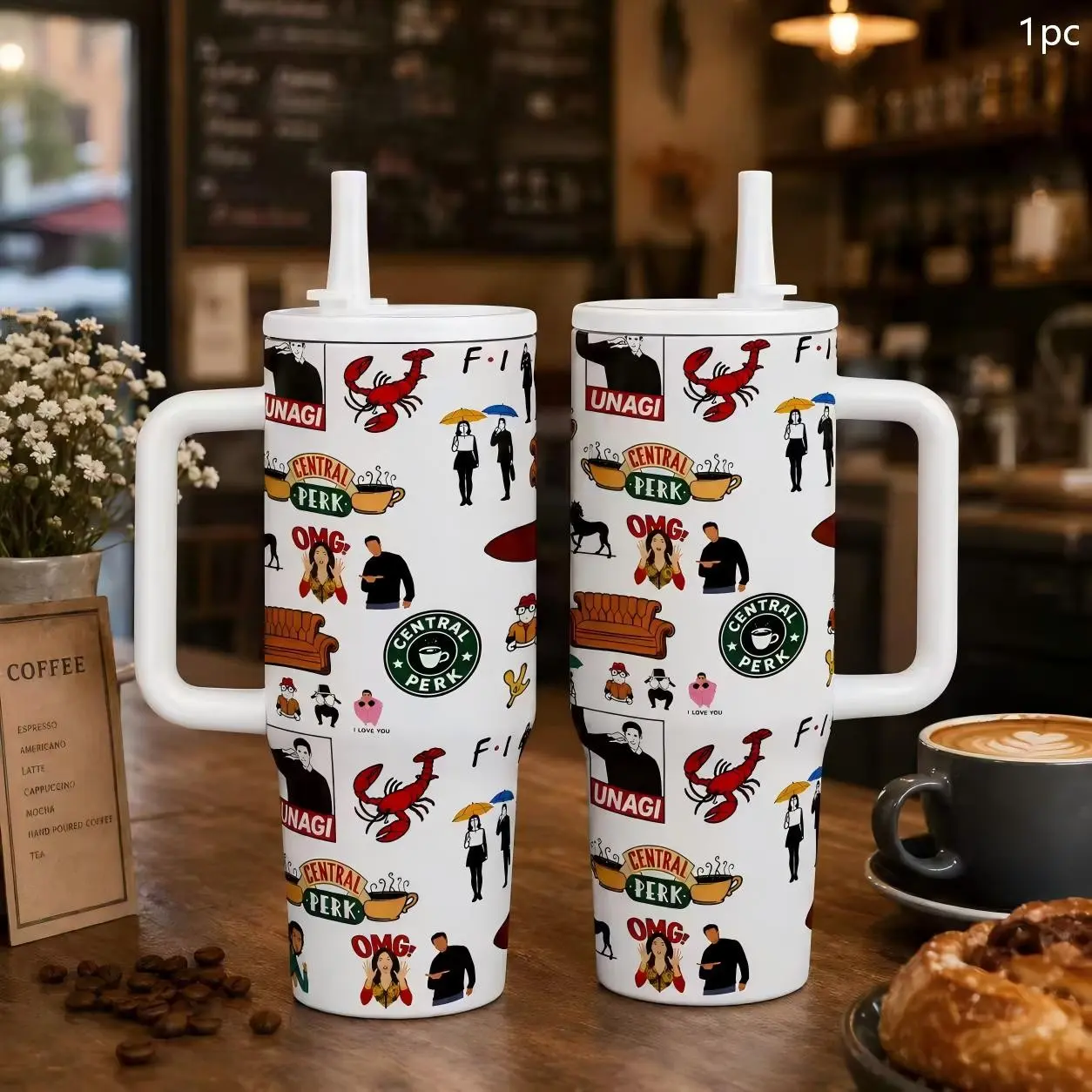 1pc Friends Central Perk 40oz Insulated Vacuum Tumbler With Handle Lid Straw, Funny Coffeehouse Tumbler, Sitcom Character Iconic Quotes & Scenes Collage, Leakproof Coffee Mug Gift For TV Series Fans Car Office Daily Use Flasks Drinkware