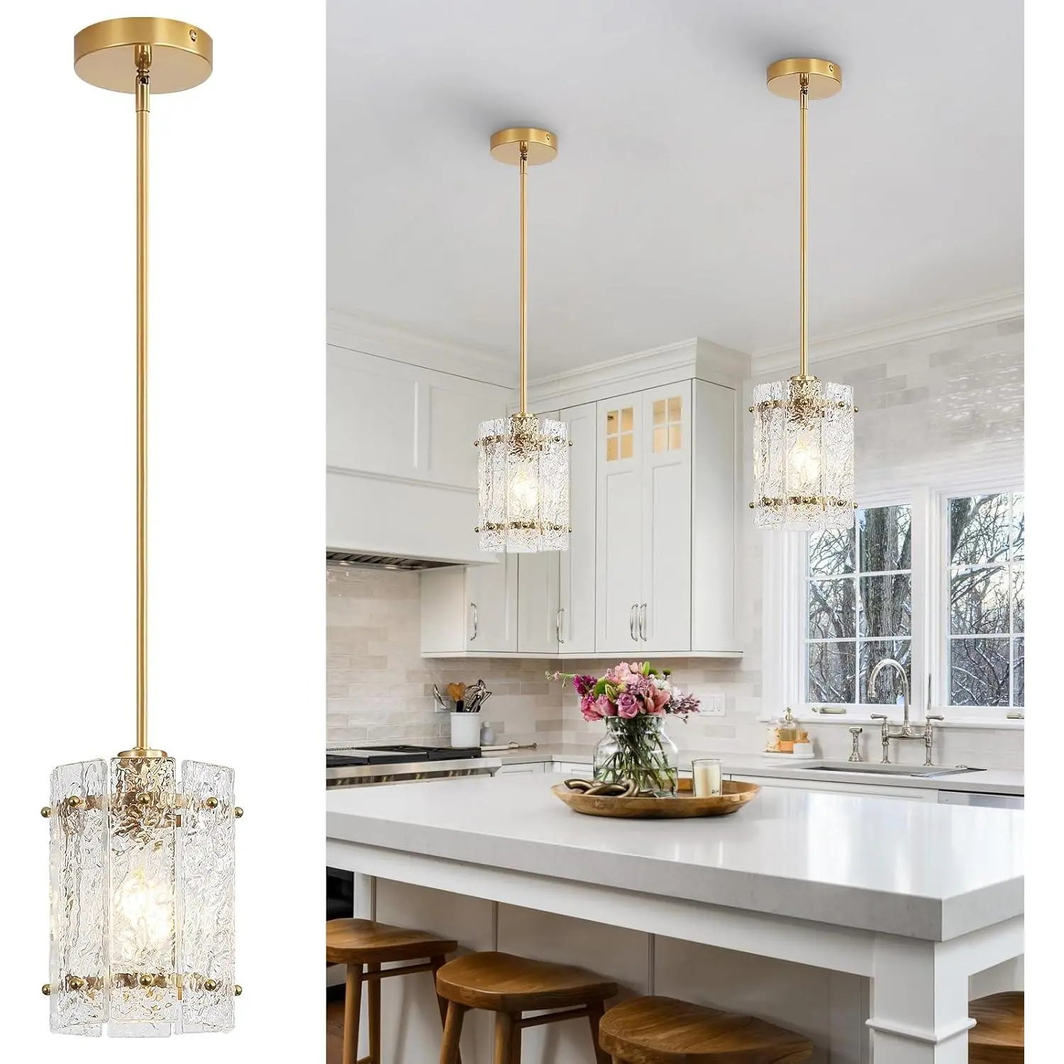 Gold Glass Pendant Lights Kitchen Island, Water Ripple Round Pendant Lights Adjustable Modern Hanging Pendant Light Fixtures for Kitchen Island Dining Room Above Sink Foyer Entryway 1 Pack