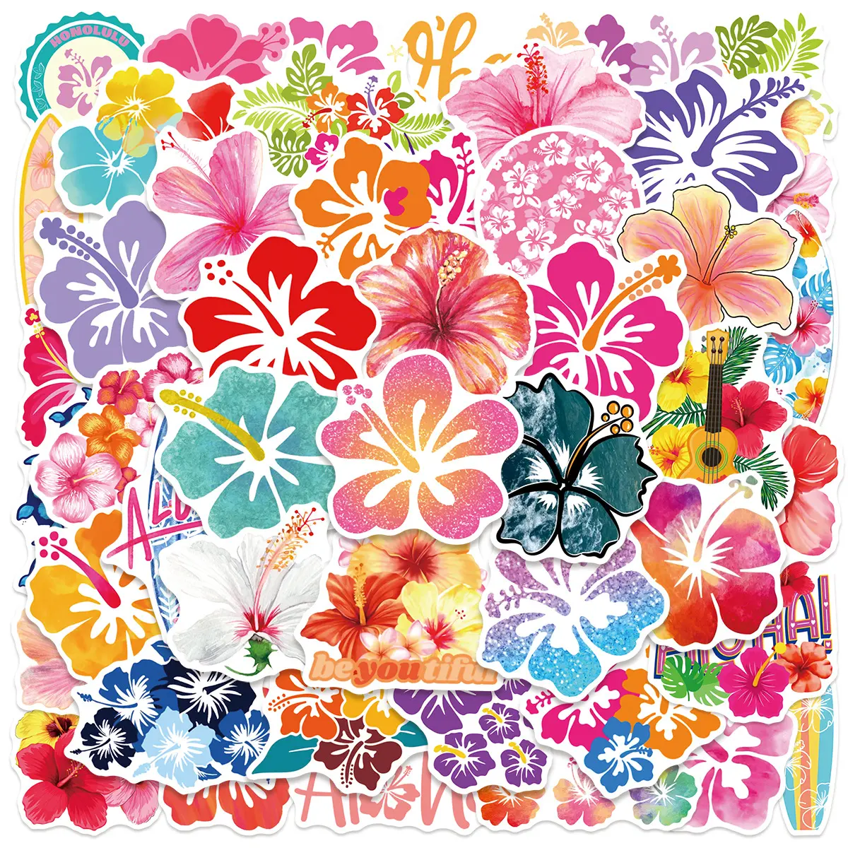 50pcs Summer Hibiscus Flower Office Stickers Decal Set for Notebooks and Journals. High-quality, Positive-energy Gifts for Decorating Journals, Scrapbooks, Computers, Water Bottles, Cars, Etc.