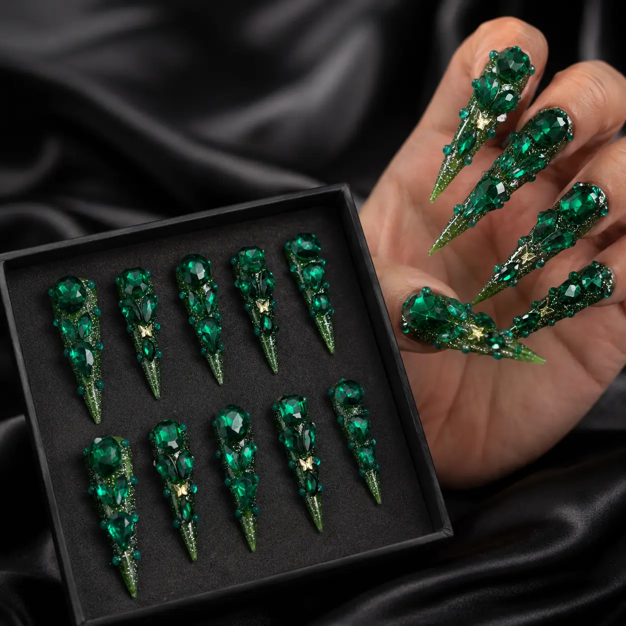 Emerald Green Rhinestone Press On Nails, Extra Long Stiletto Fake Nails with 3D Crystal Gem Design, Glamorous Handmade Nail Set